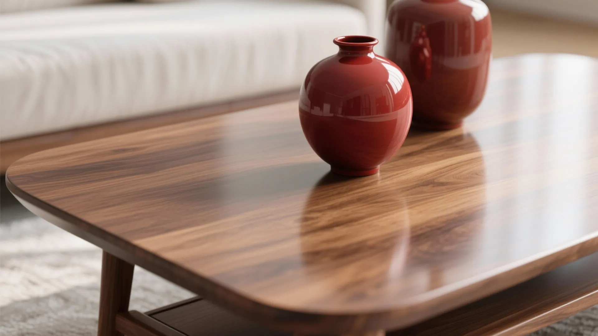 Close-up of crimson vase on chamfered chestnut coffee table