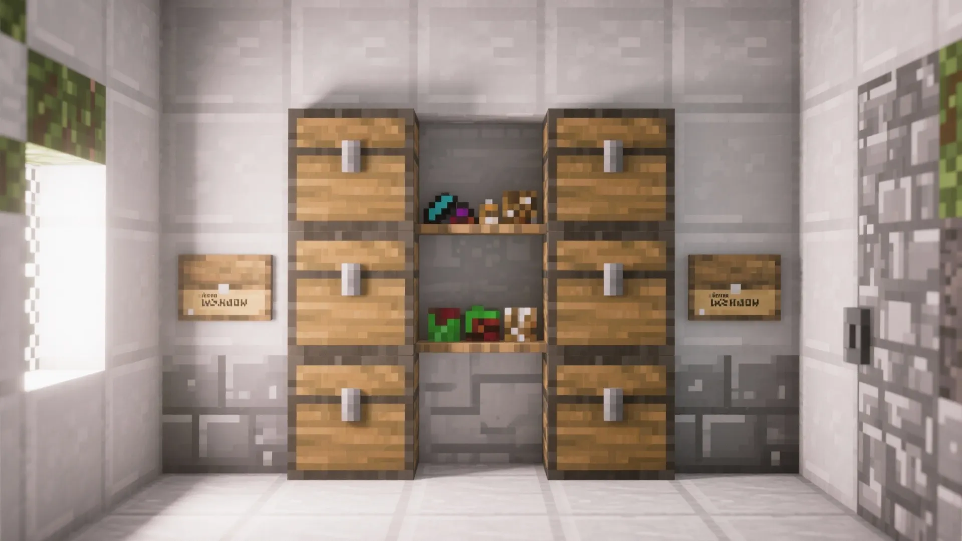 Minecraft wall with wooden chests and small shelves holding colorful items between two wooden signs