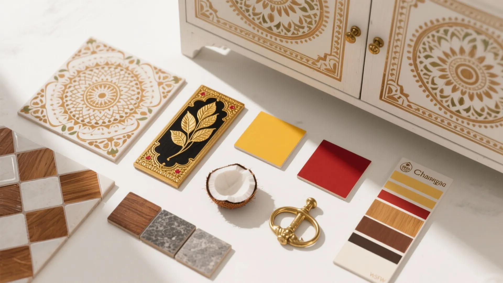 Idea 3: Chettinad color, kolam motifs, and Tanjore accents