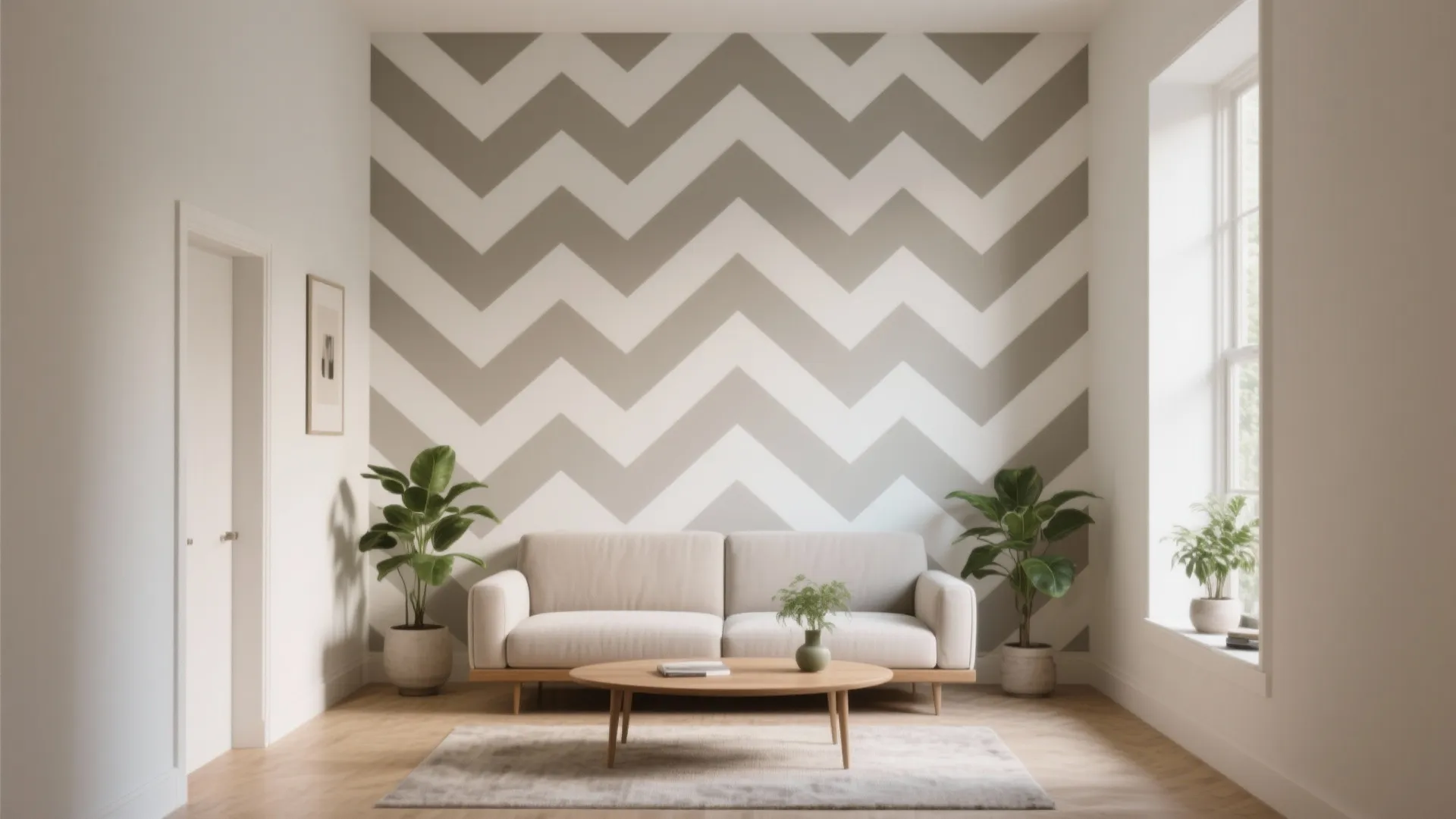 Bright living room featuring beige sofa and a grey and white chevron pattern accent wall