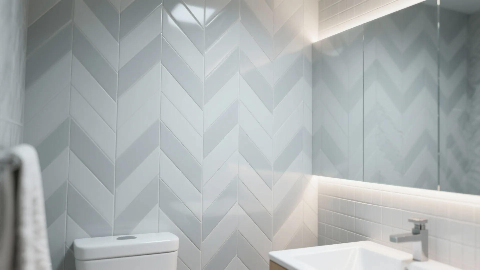 Modern bathroom wall with grey and white chevron tiles plus a mirror with warm backlight