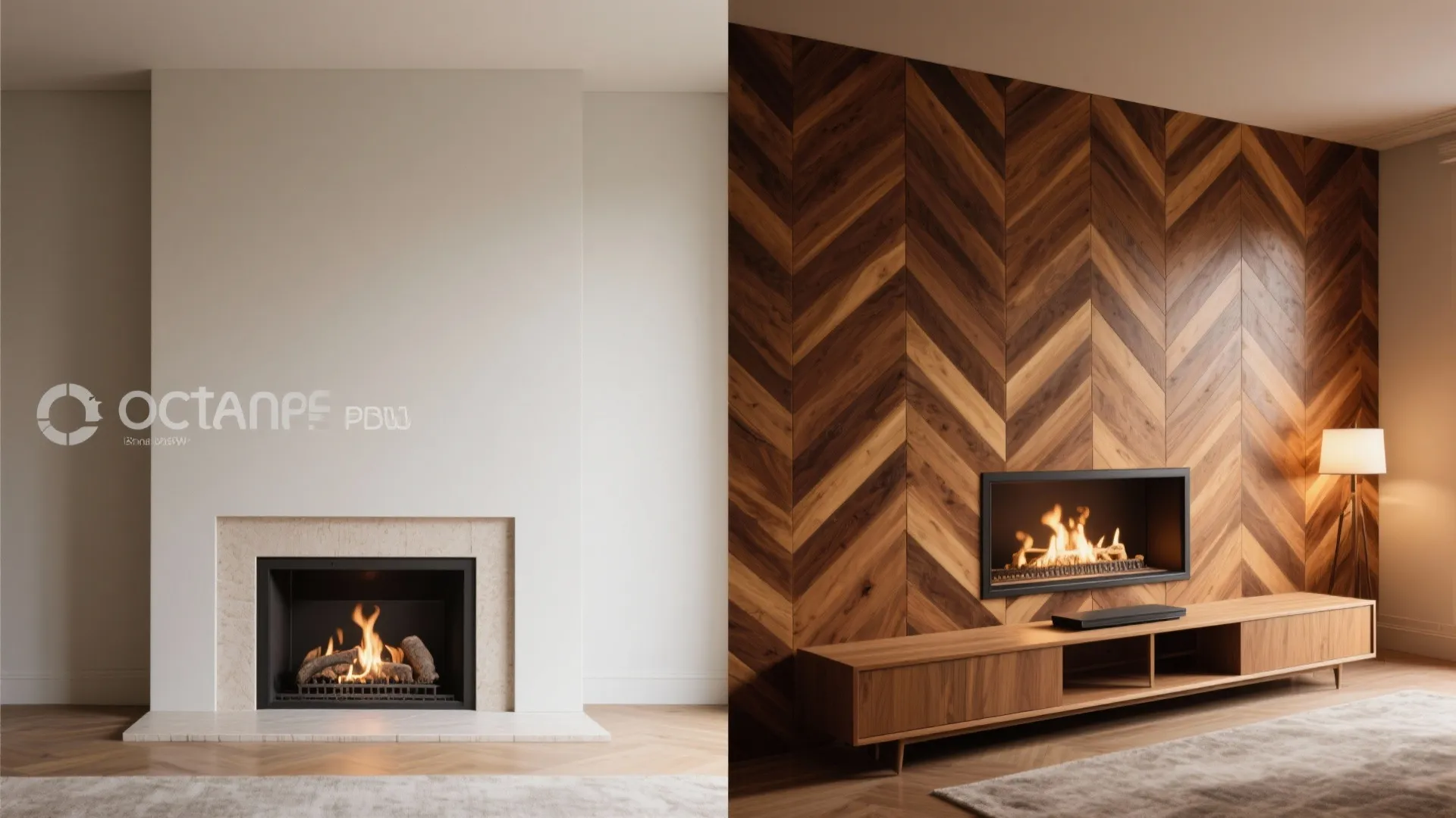 5. Warm chevron or herringbone behind a minimalist fireplace