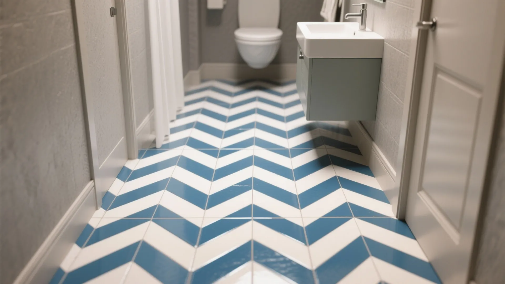Modern bathroom featuring blue and white chevron floor tiles with a white toilet and sink