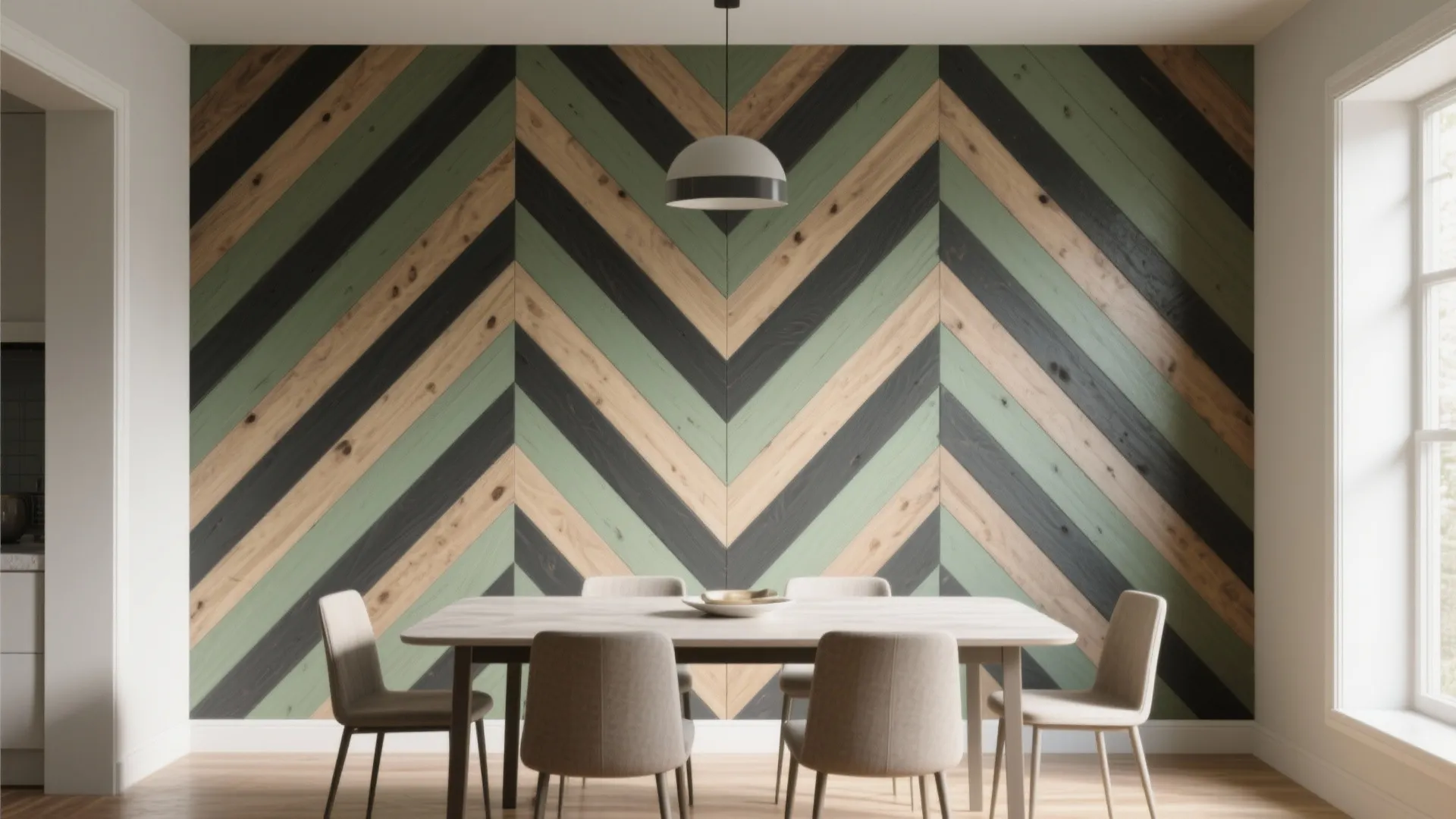 Dining room with a colorful wood wall panel dining table chairs and white ceiling light