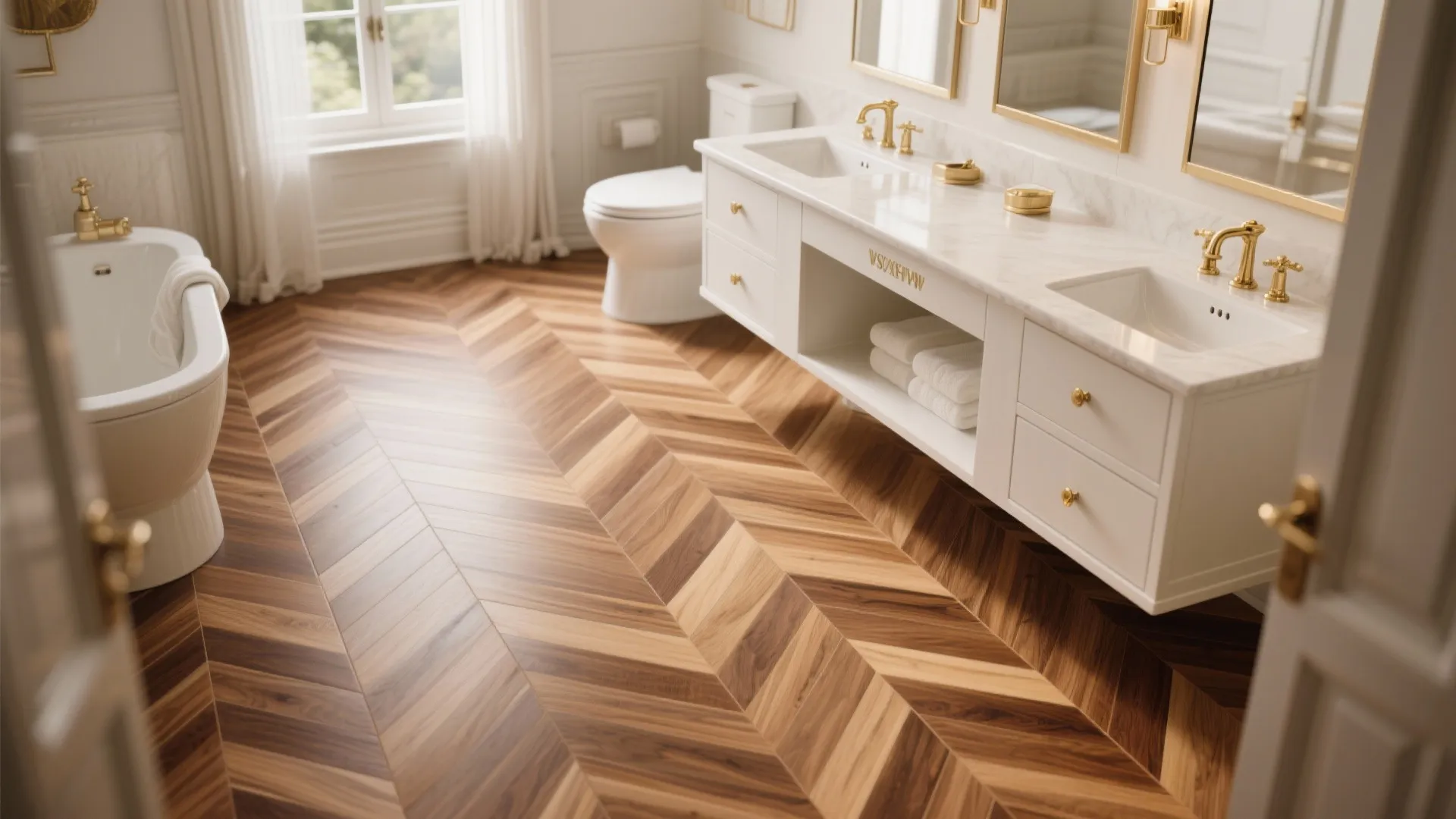 Luxury bathroom featuring white double sinks and gold light fixtures with patterned brown wood flooring