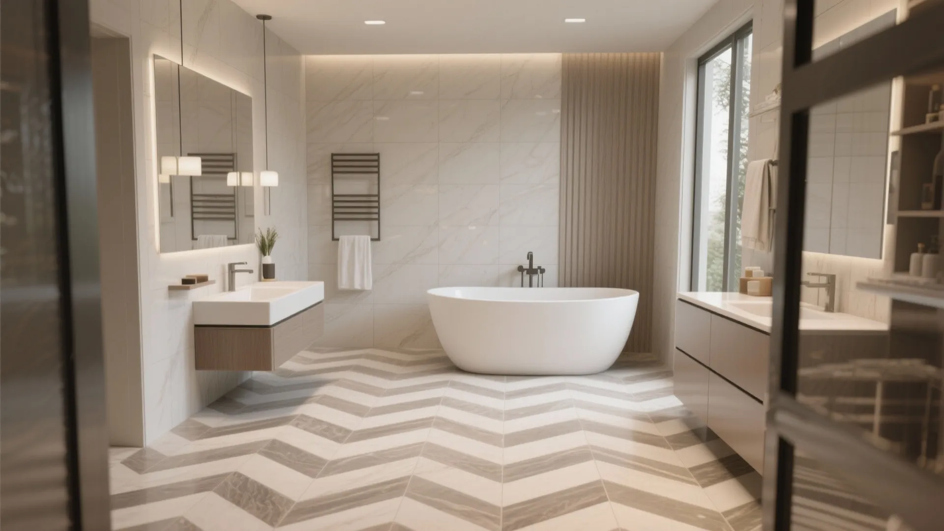 Master bathroom with chevron pattern floor tiles