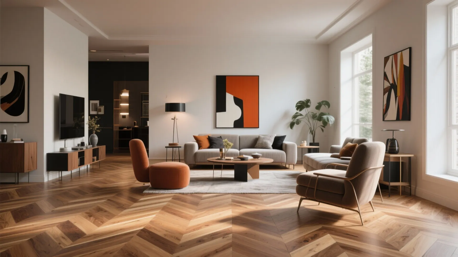 Modern living room with chevron patterned wood flooring and stylish furniture