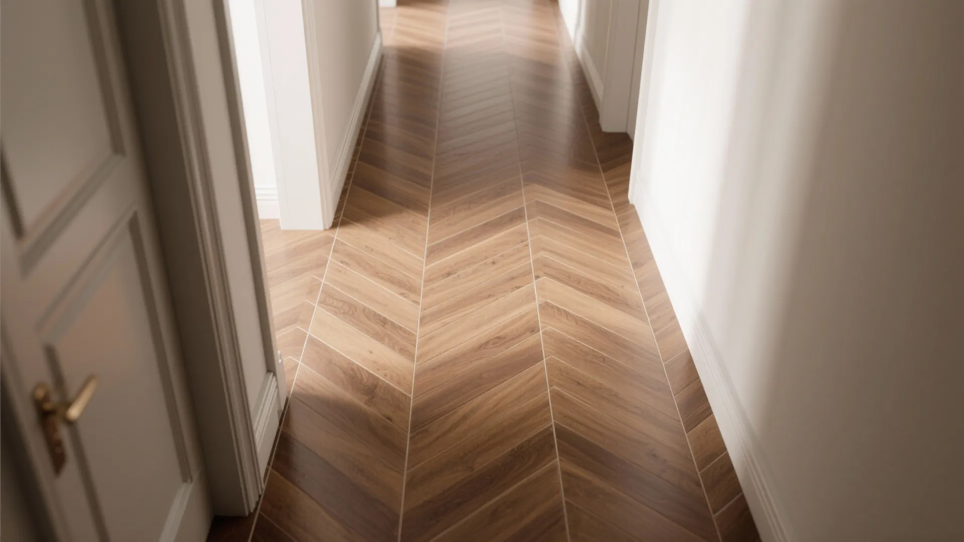 Interior hallway featuring light brown wood flooring with a V-shaped pattern and bright white walls