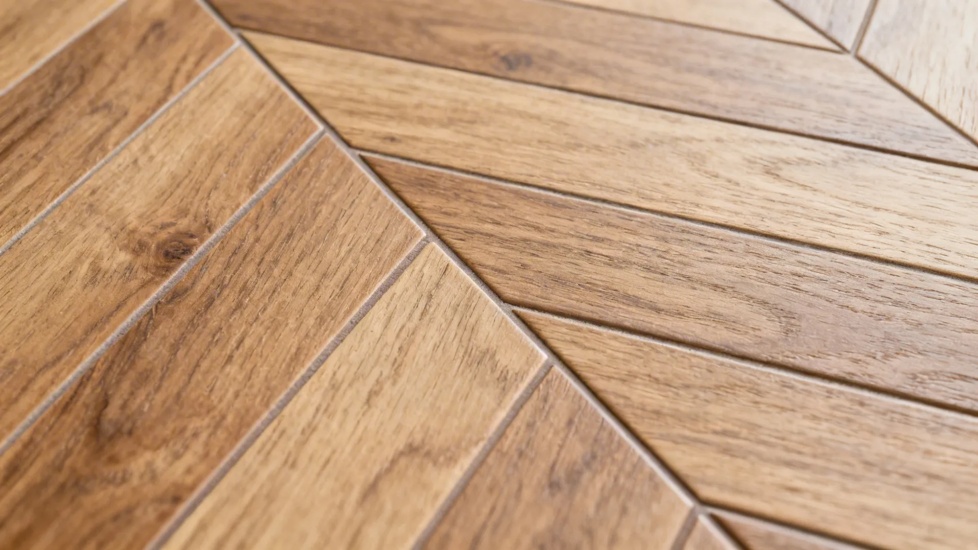 Macro of wood-look porcelain chevron with realistic oak grain and tight grout.