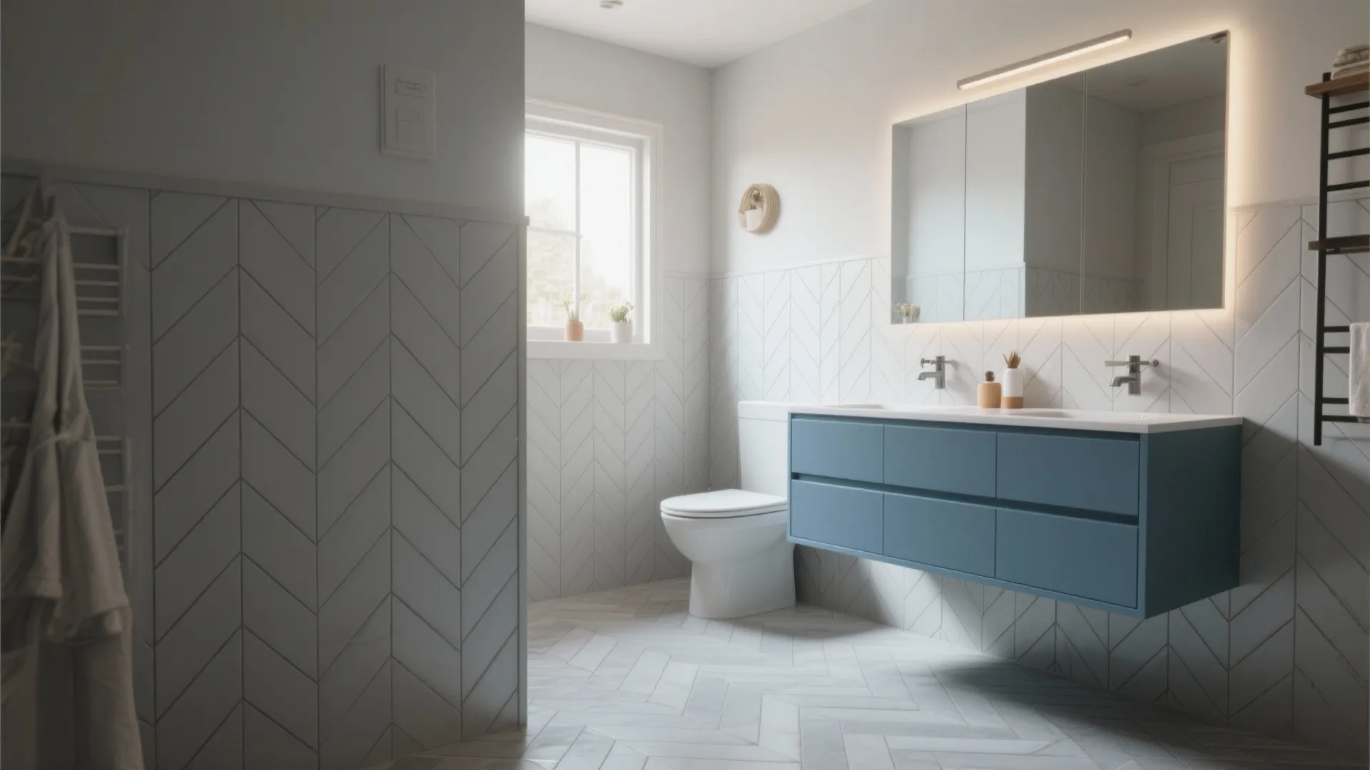 2. Chevron Grey Floor with Mid-Blue Vanity