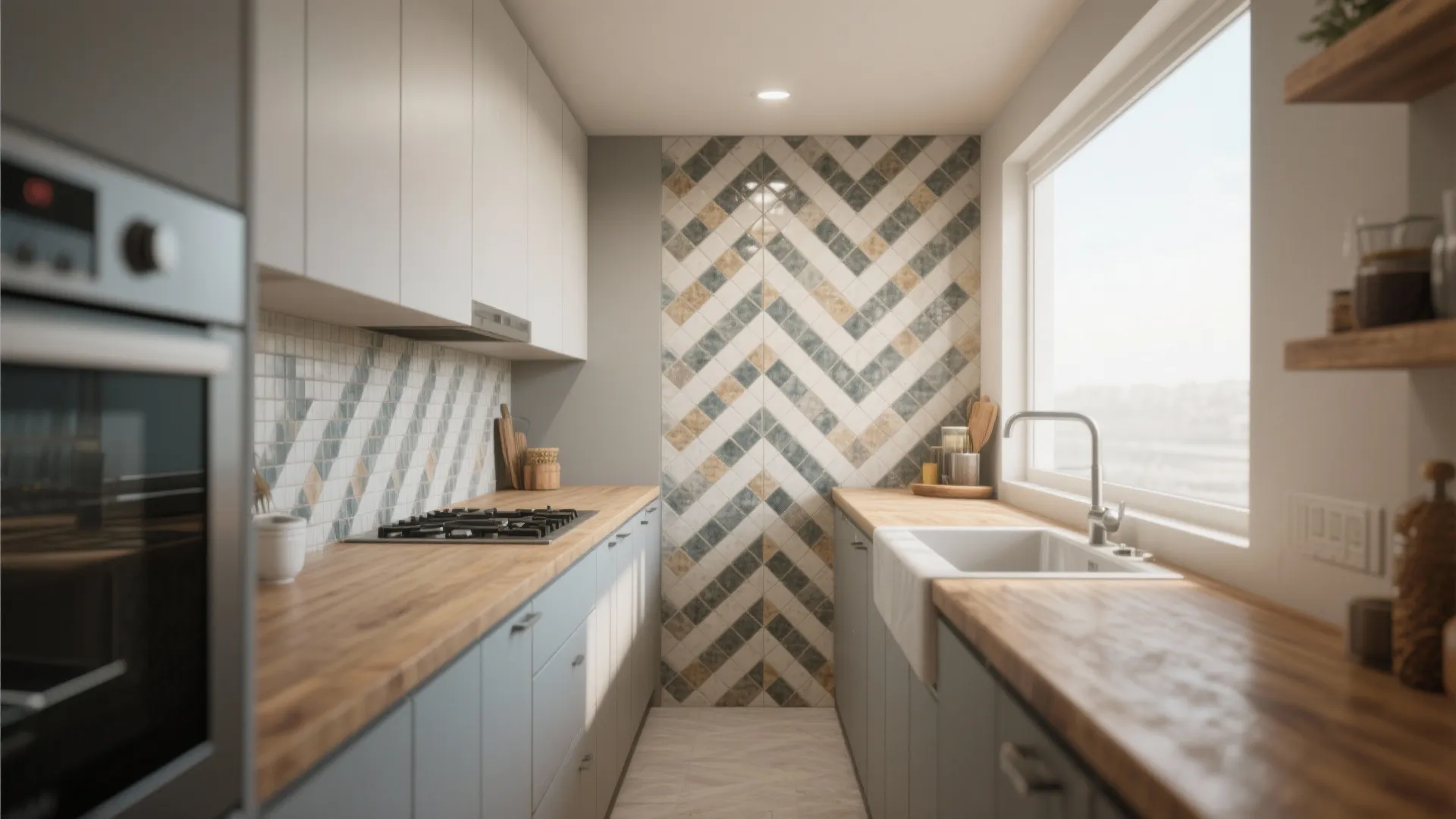 Narrow kitchen with wood countertops and colorful wall tile pattern arranged in a diagonal design