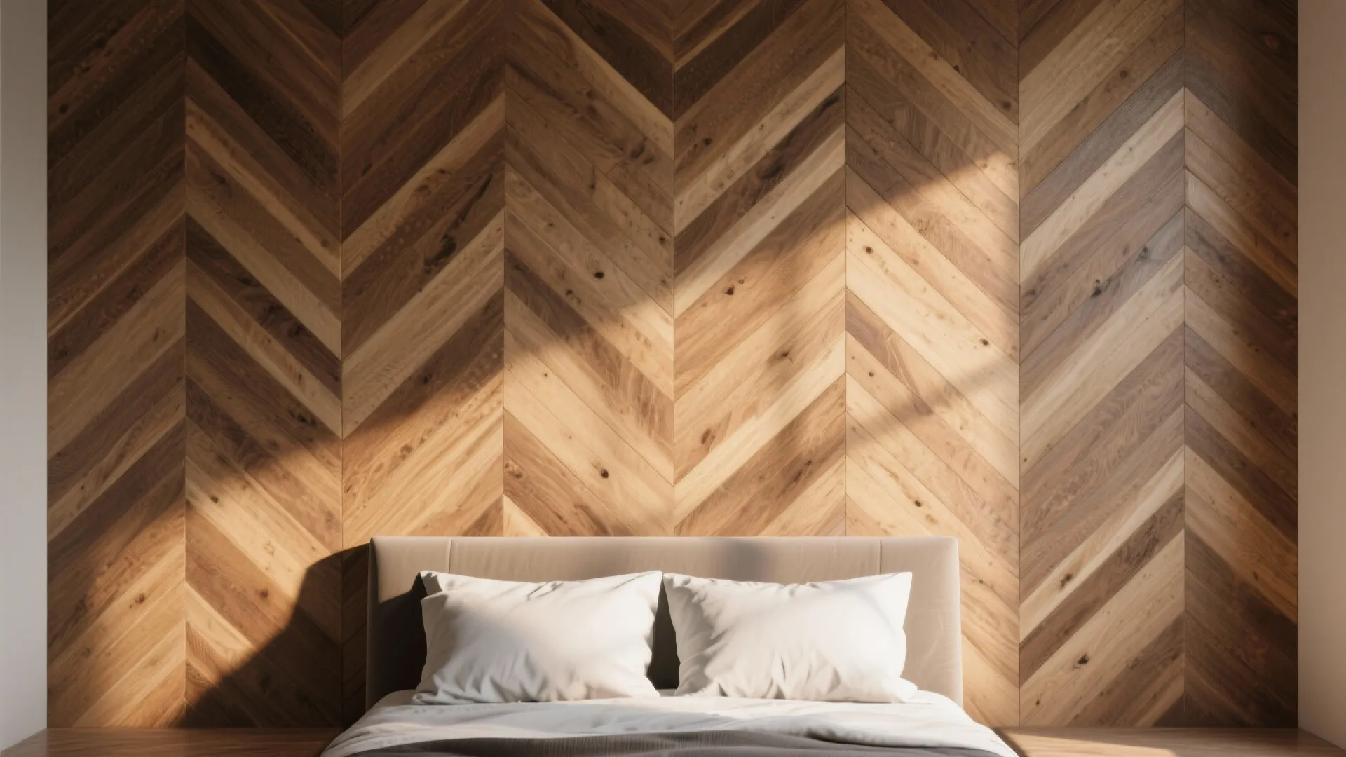 Modern bedroom with chevron wood wall panel behind a light brown bed and white pillows