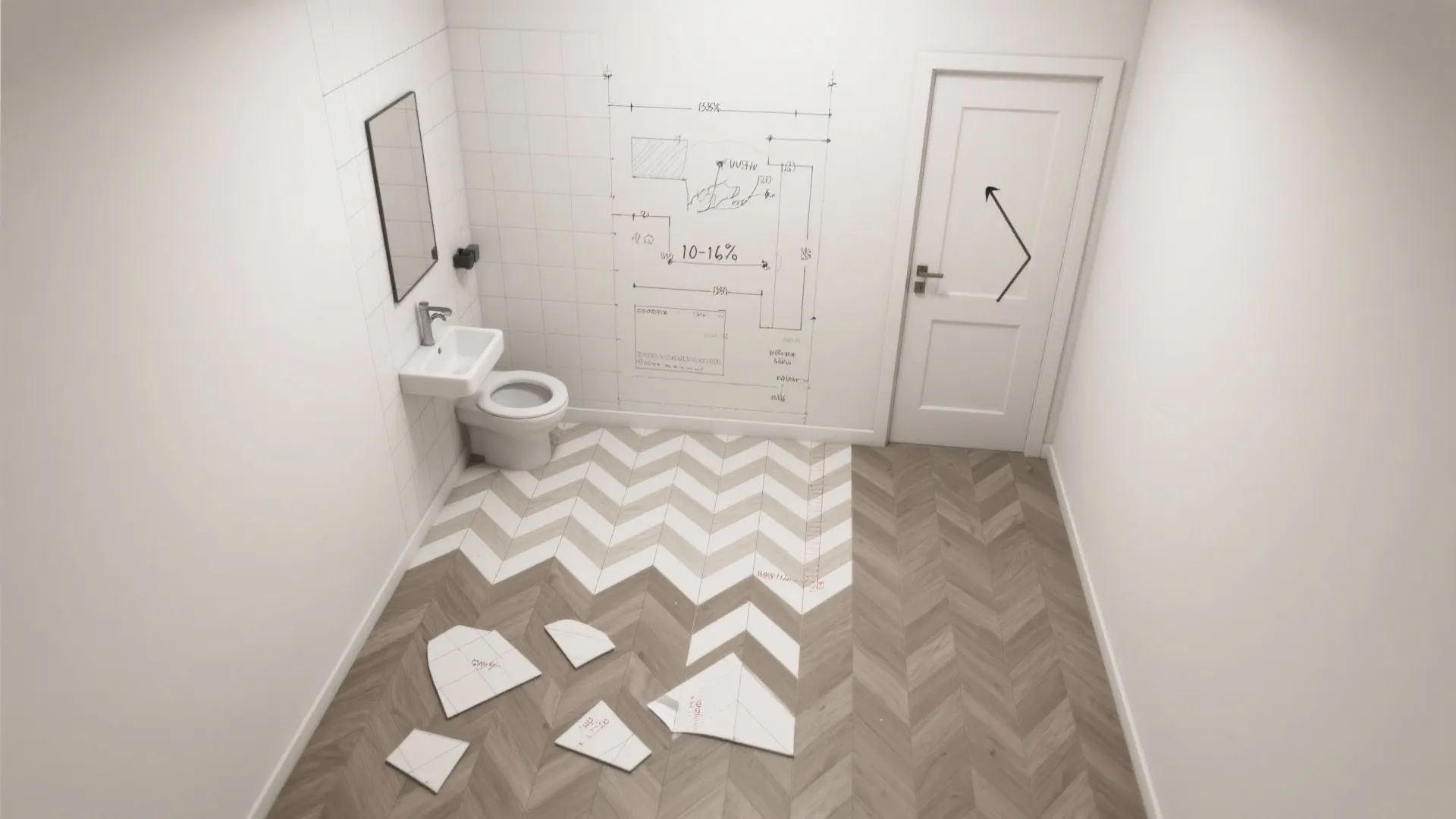 Top-down view of chevron vinyl layout with reference lines and dry-lay planning.