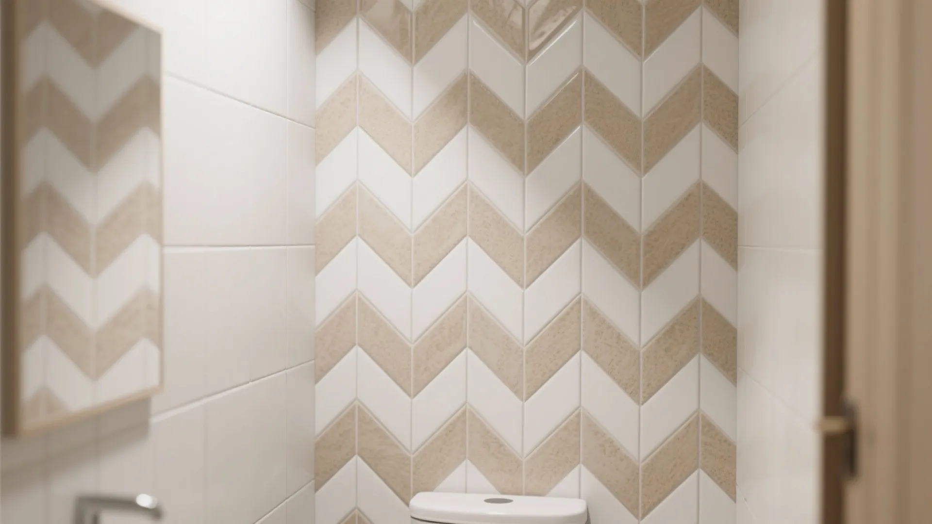 Vertical white and sand chevron mosaic tile on a small bathroom wall creating height.