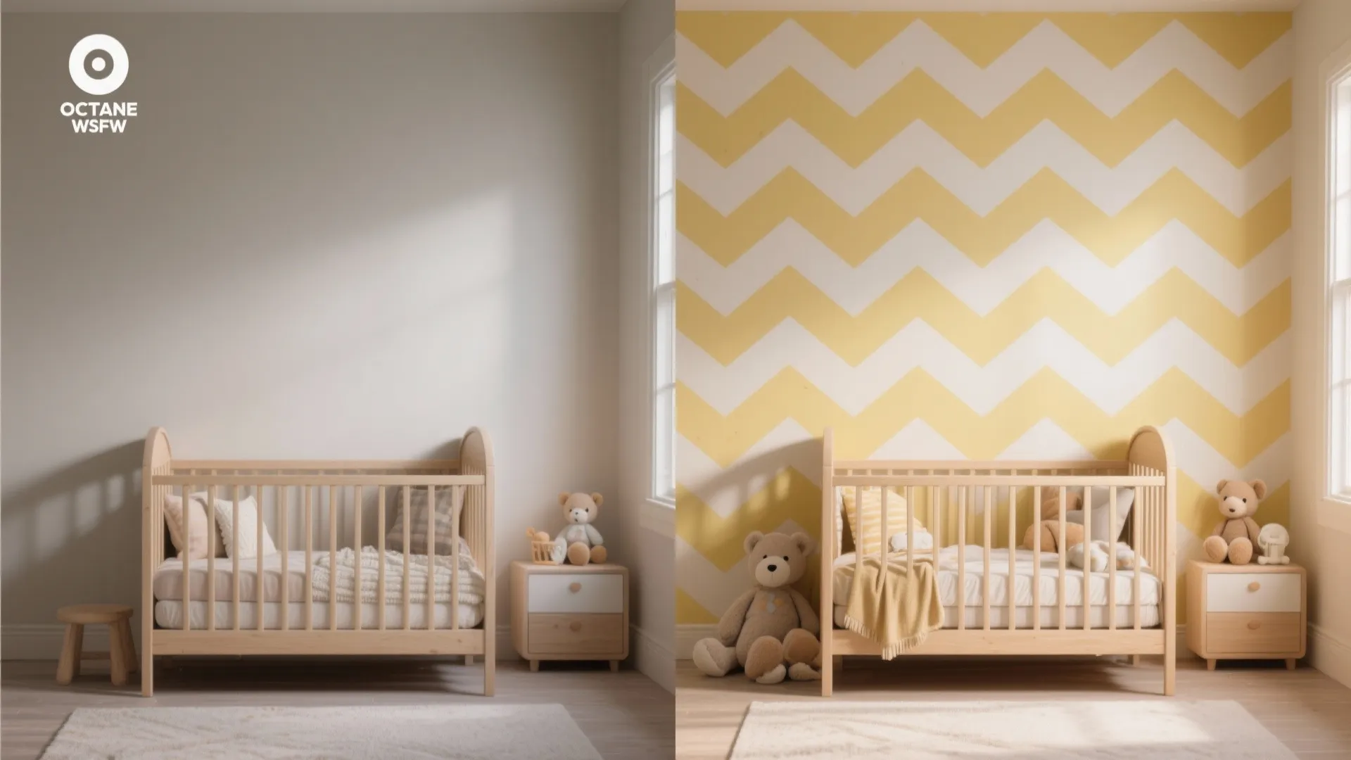 Before and after comparison of a plain nursery transformed with bright yellow chevron patterned wallpaper