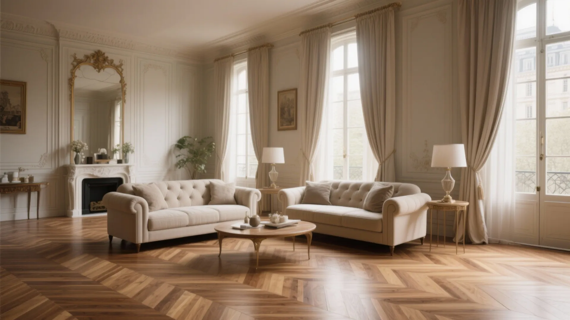 Elegant living room with chevron oak flooring