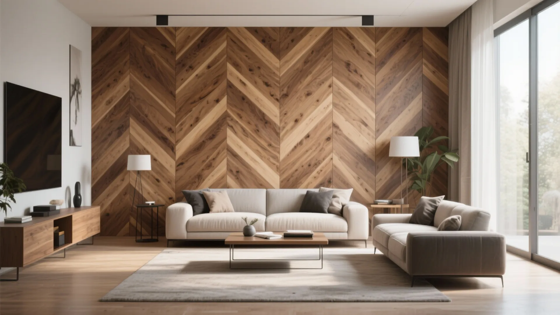Chevron pattern wooden wall in modern living room