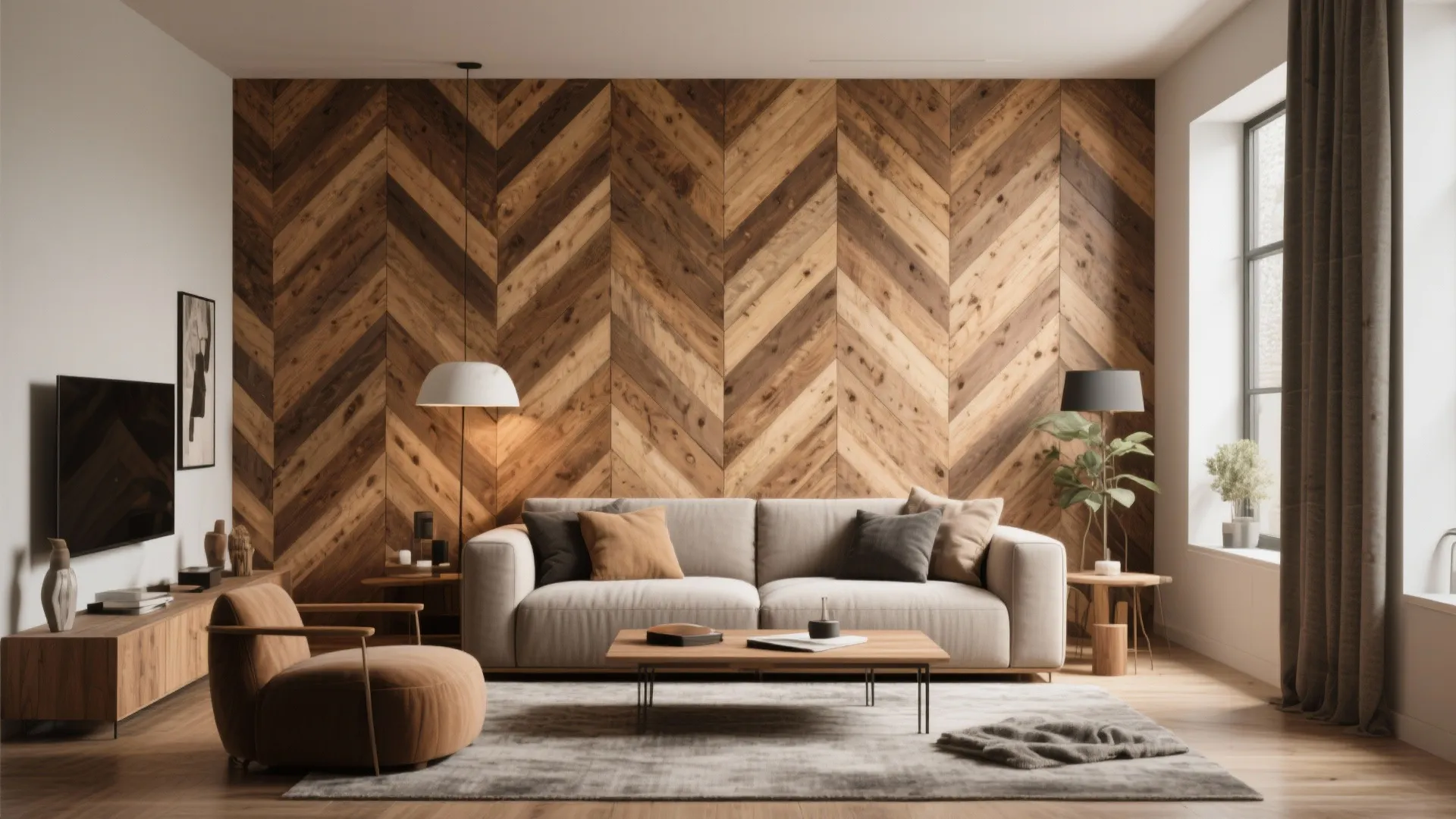 Living room with large chevron pattern wood wall beige sofa coffee table brown chair and rug