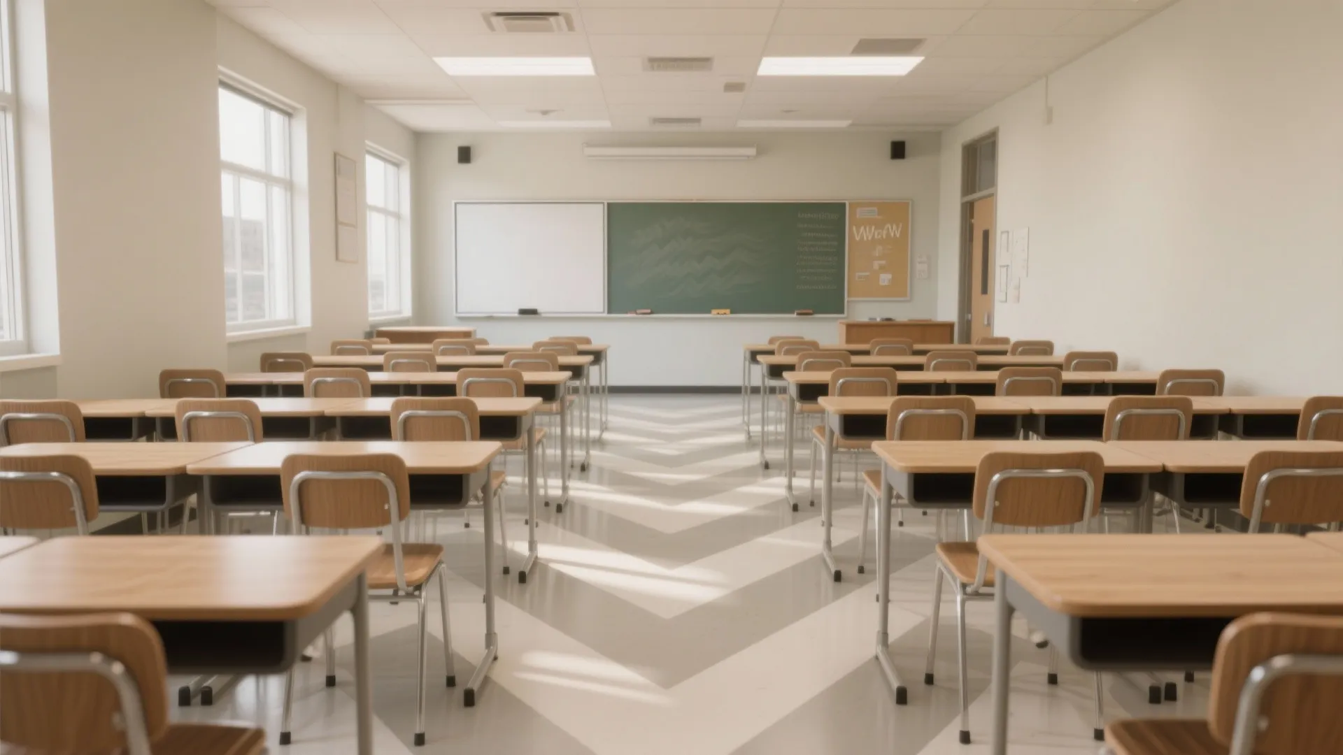 Modern classroom layout with wooden desks and chairs organized in rows facing a green chalkboard
