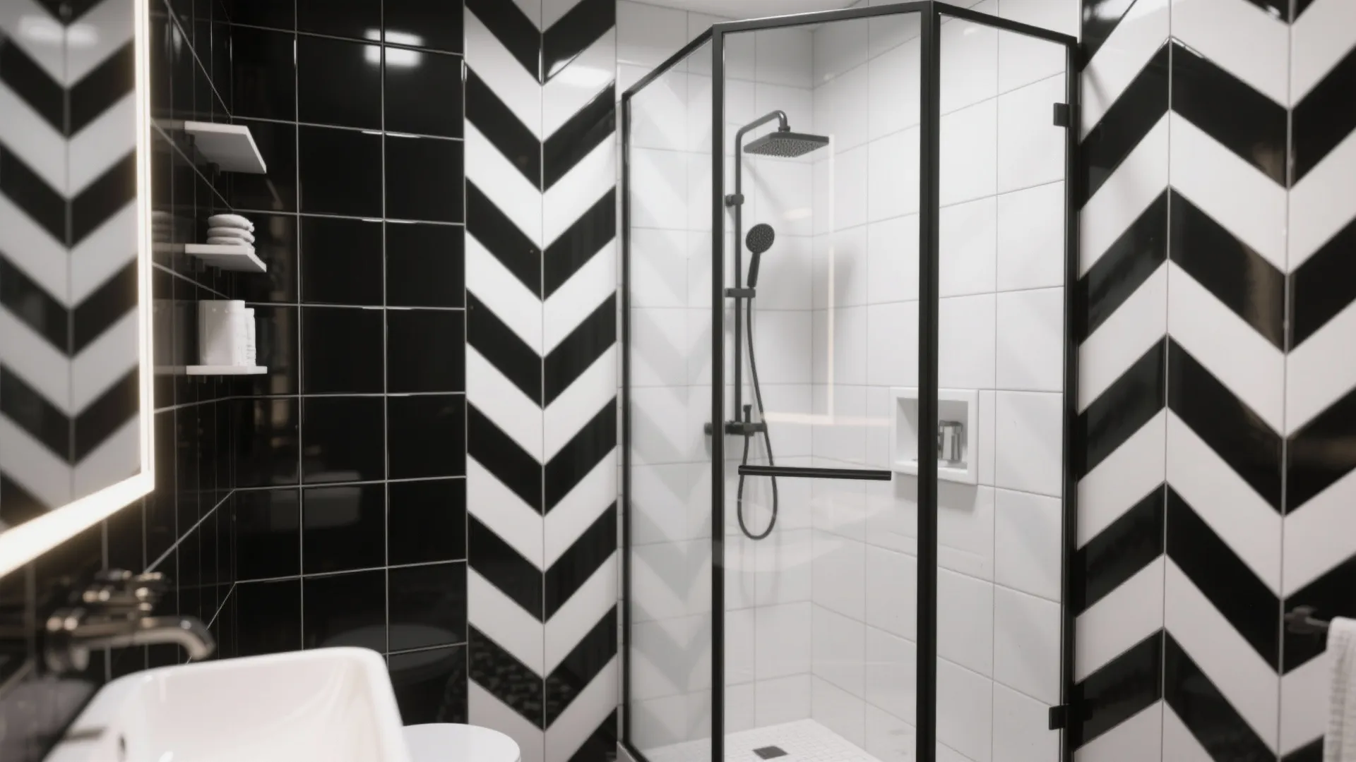 Shower with black and white chevron tile design