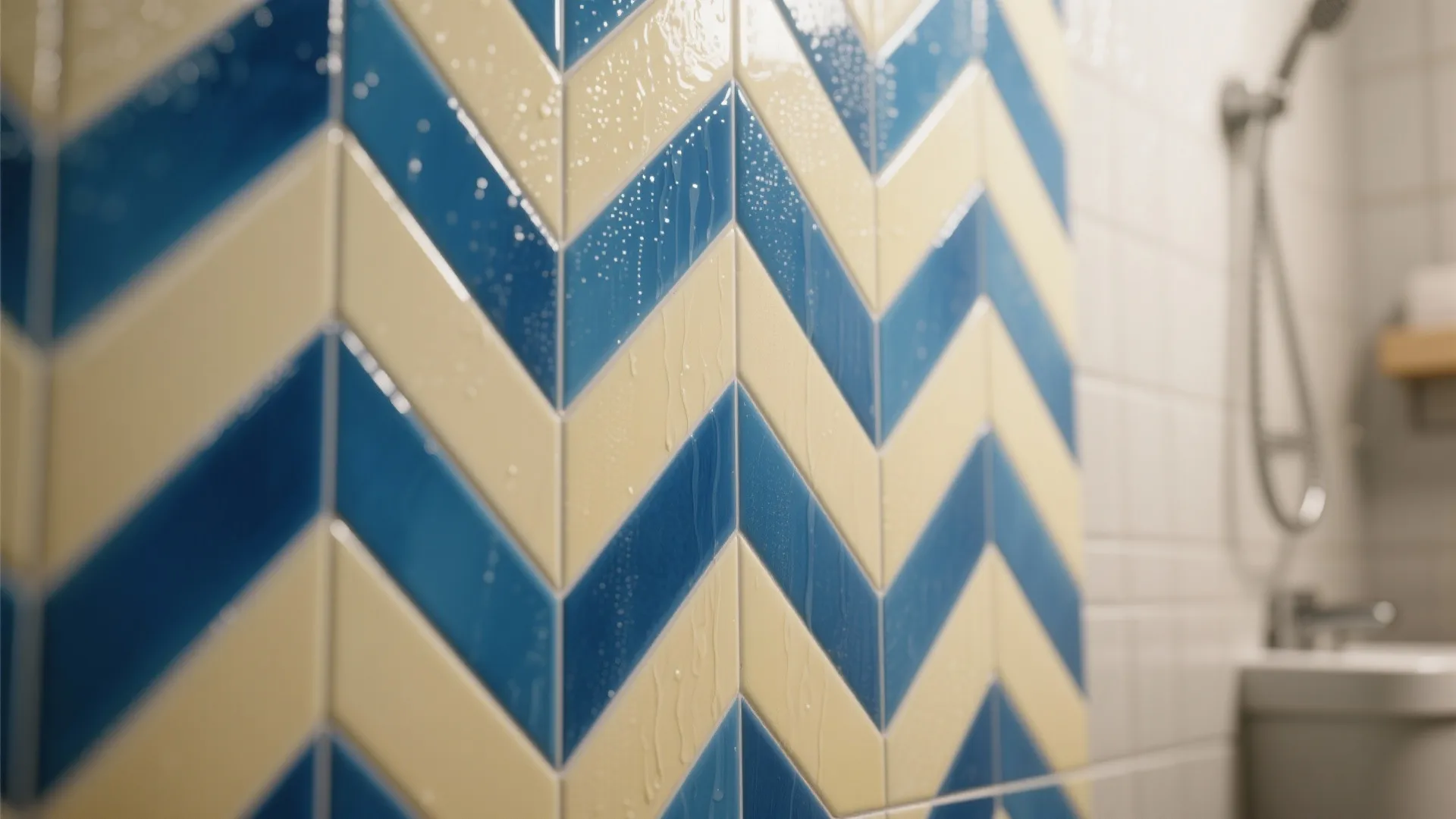 Close up view of blue and yellow chevron wall tiles in a bright modern bathroom