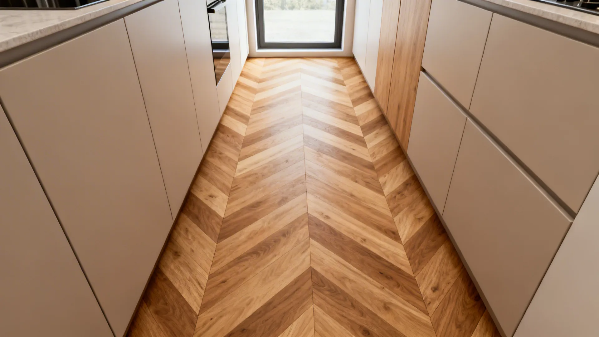 Top-down view of chevron flooring oriented toward a window in a narrow kitchen.