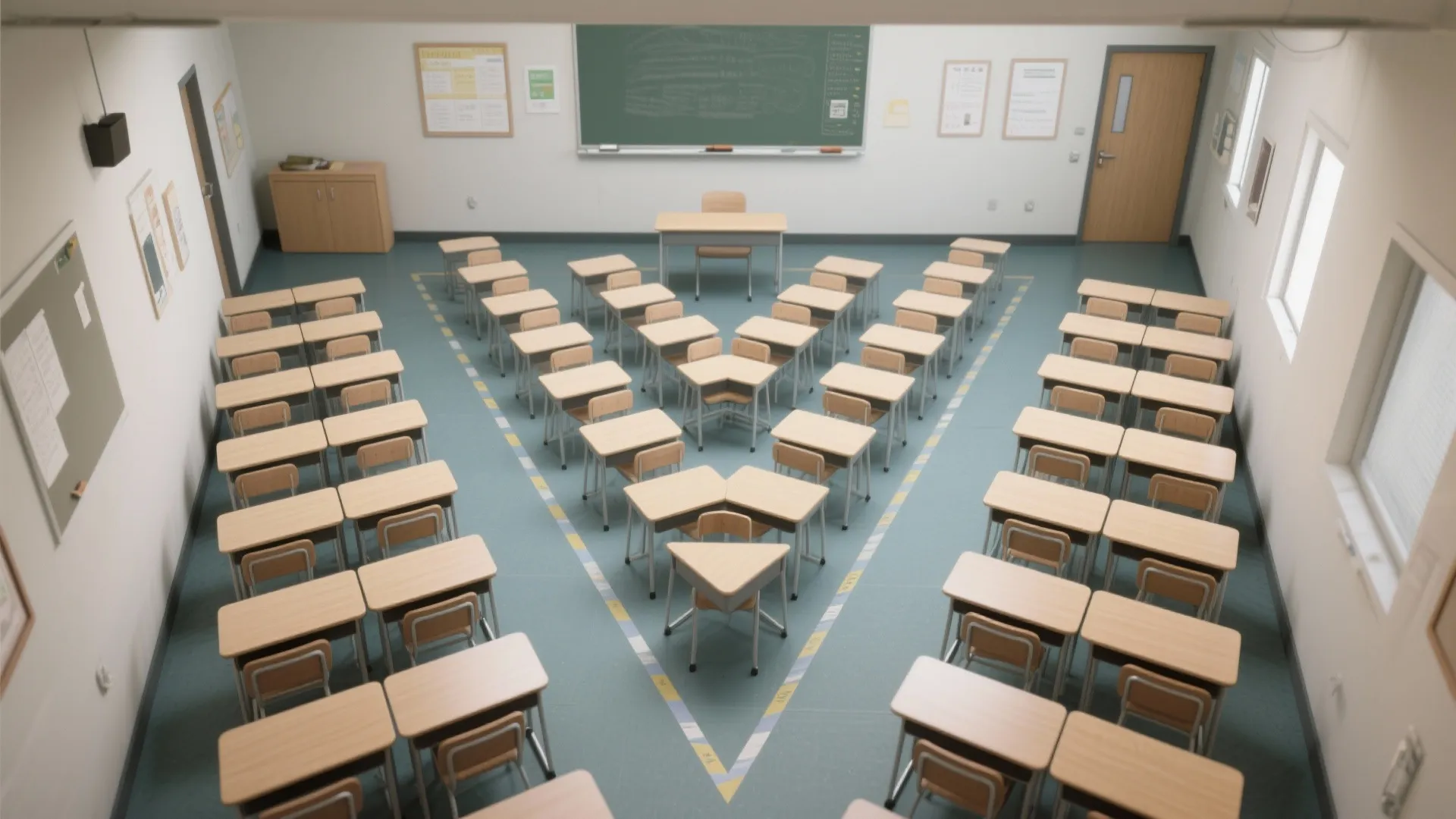 Top down interior design drawing of a classroom with desks arranged in a chevron pattern