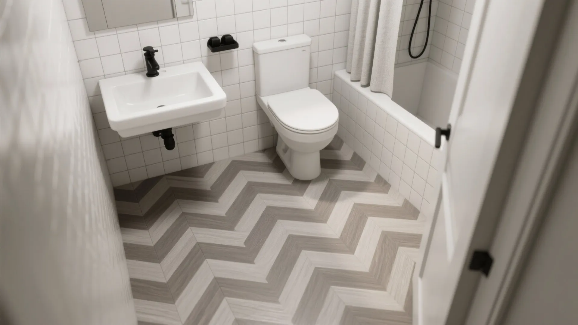 Chevron-pattern vinyl floor laid diagonally in a small bathroom with matte white walls.