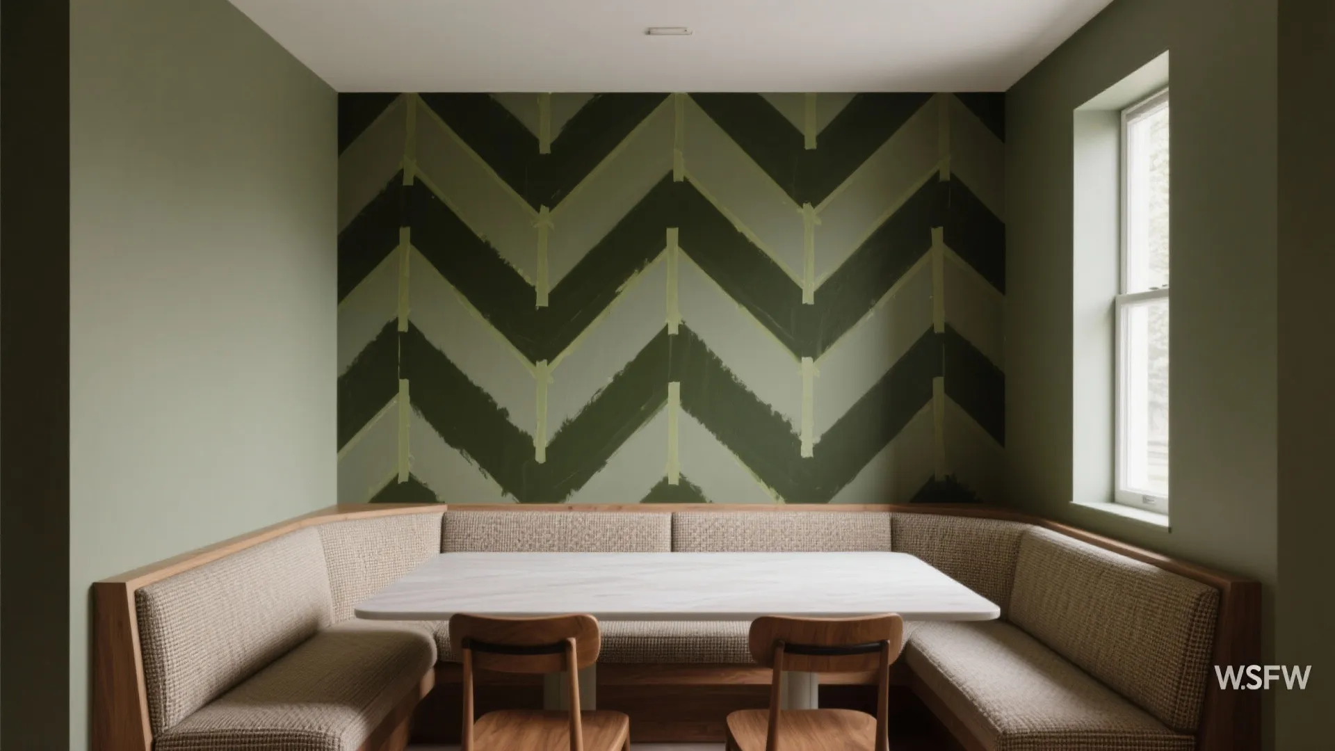 Dining area with wooden bench sofa white table and green zigzag pattern on back wall
