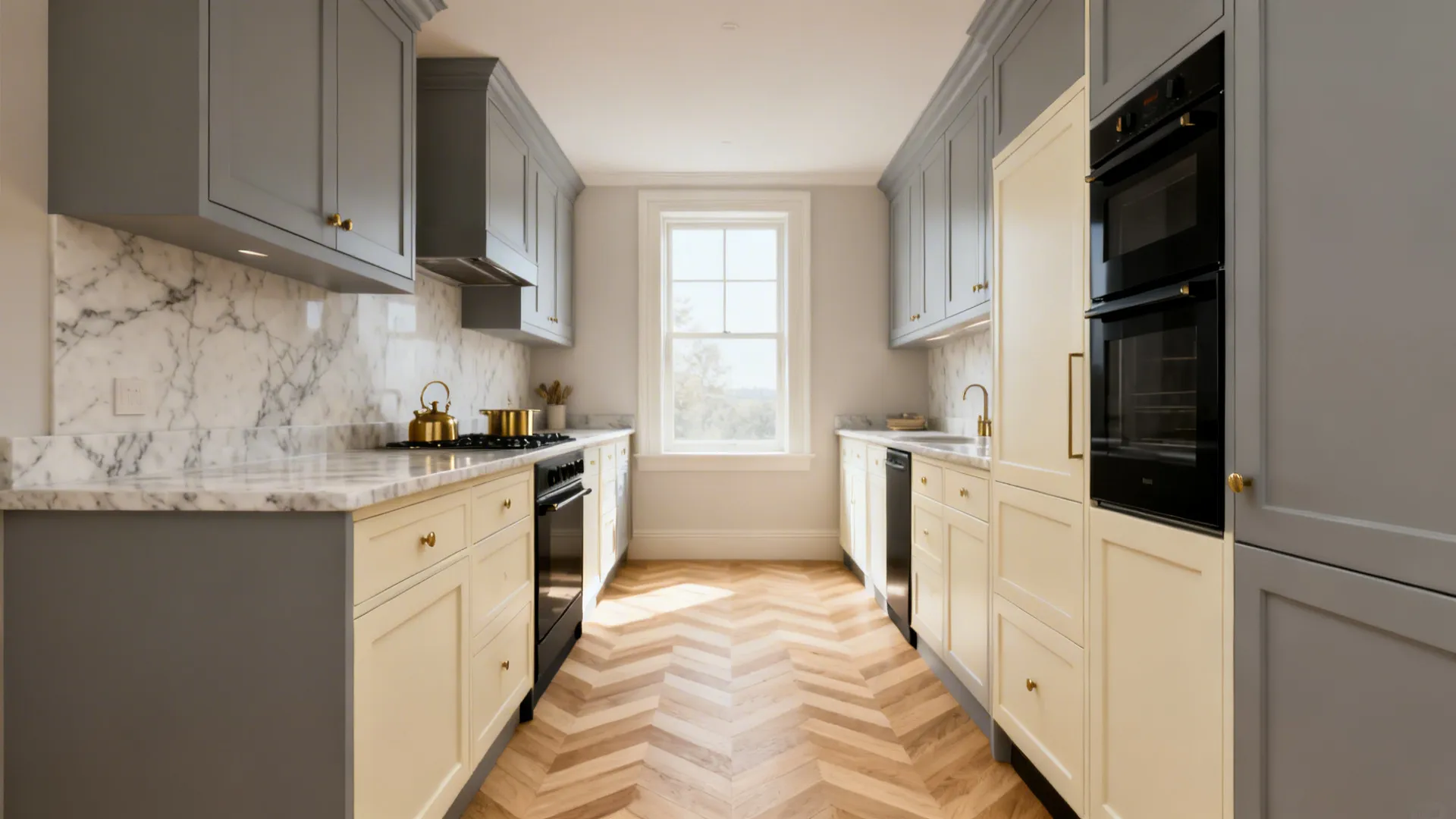 Streamlined gray cabinetry with a light oak chevron floor leading to a window.