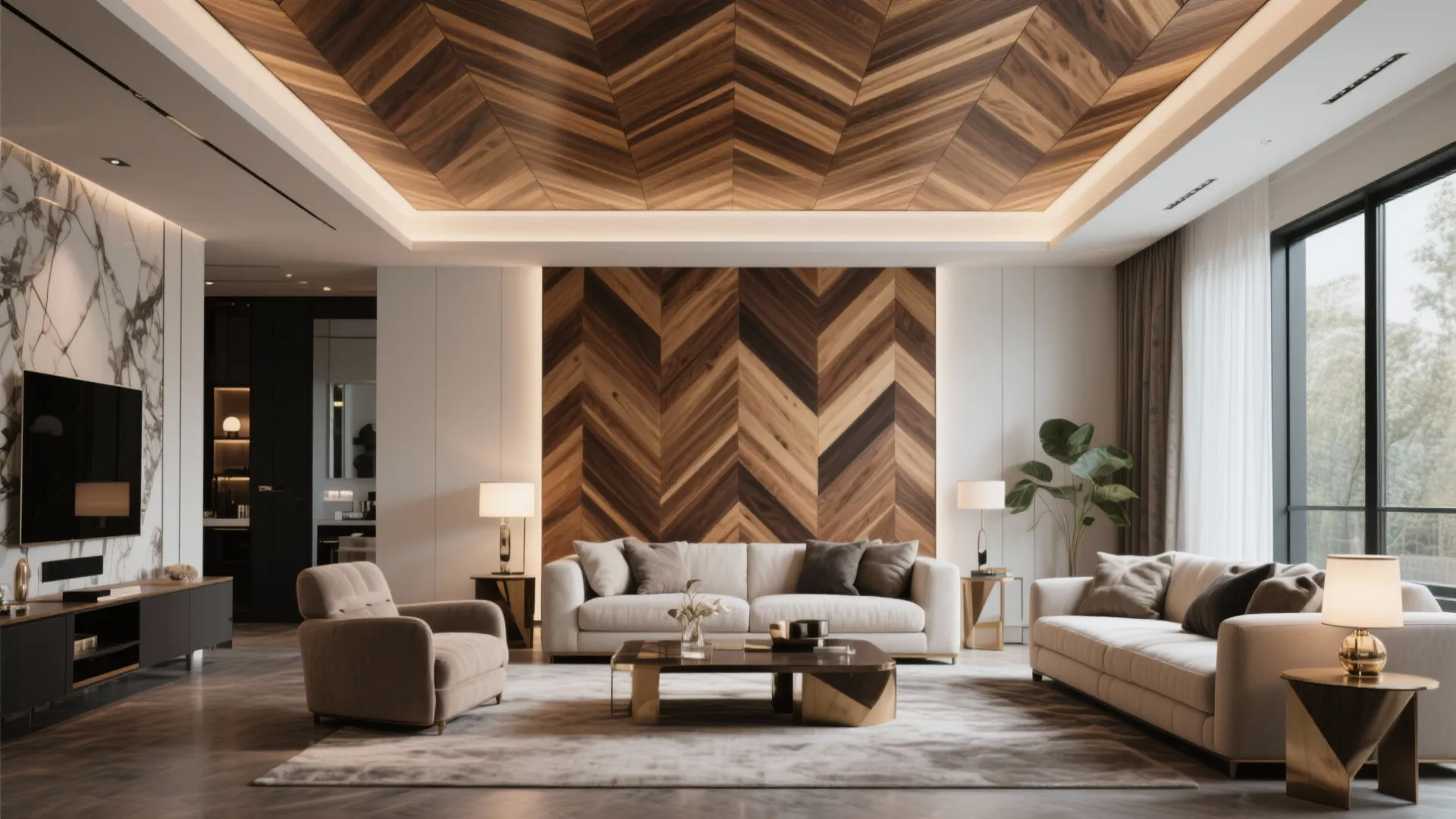 Elegant living room with a chevron wood inlay ceiling