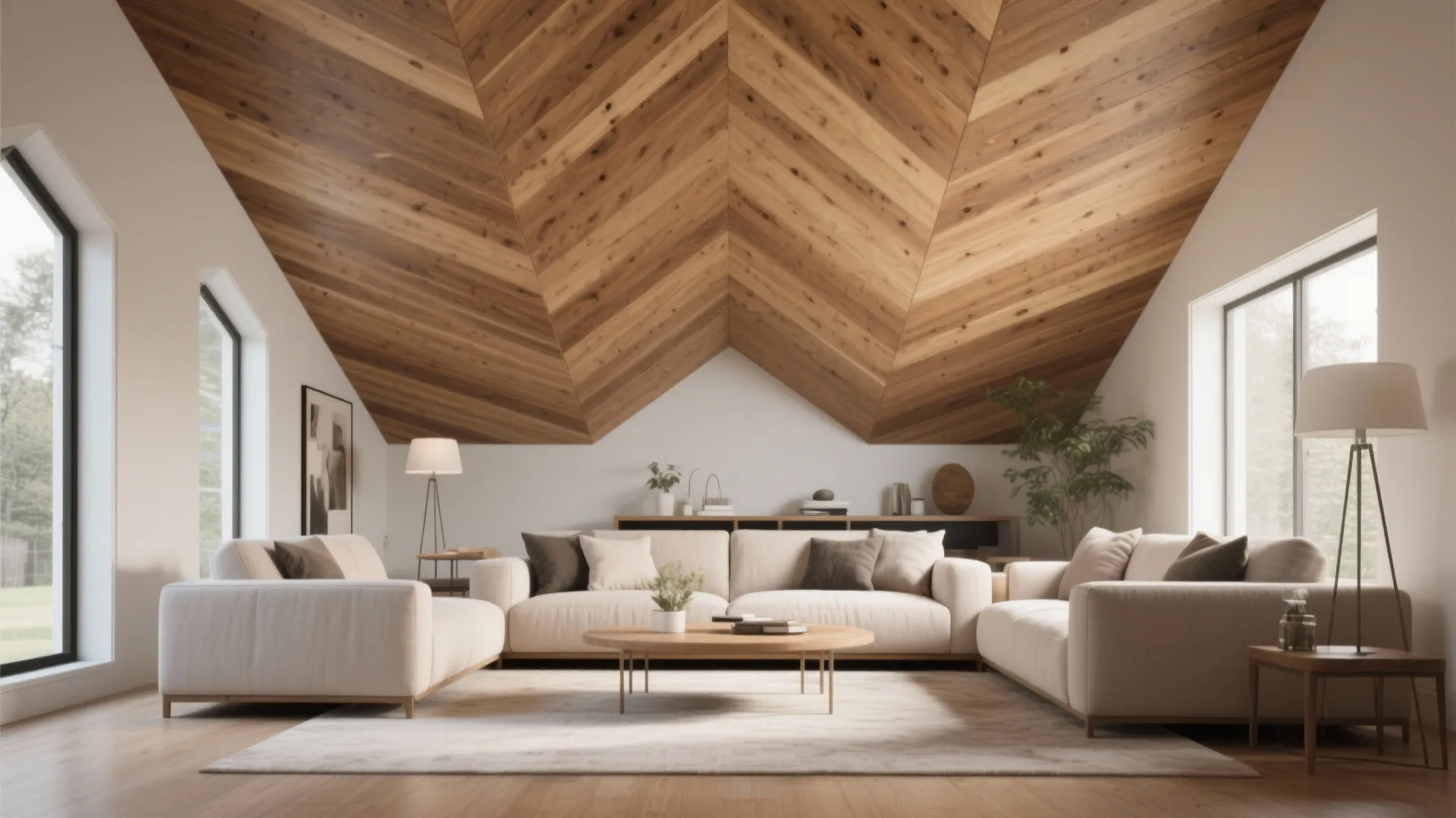 Modern attic living room featuring a chevron wood ceiling, white sofas, and round coffee table