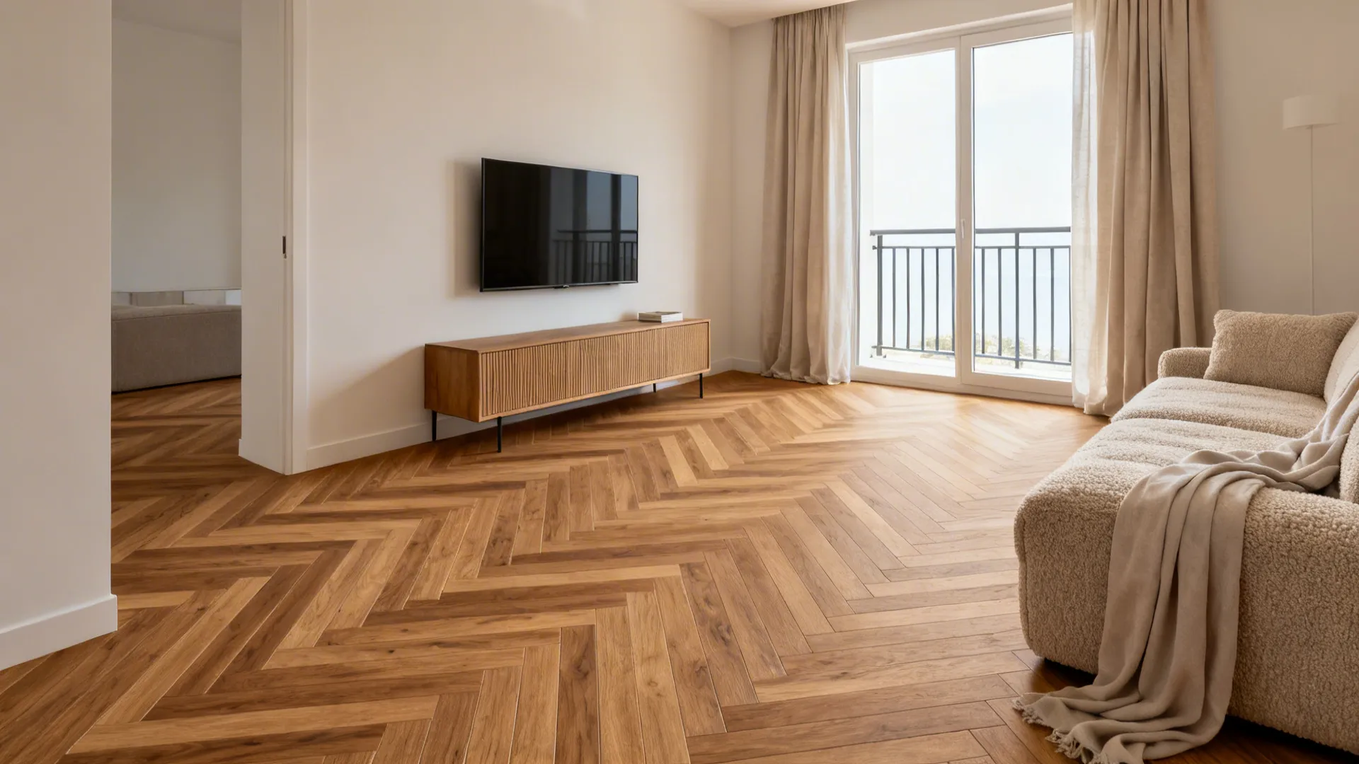 Wood-look porcelain in a slim chevron pattern leads the eye toward the focal wall.
