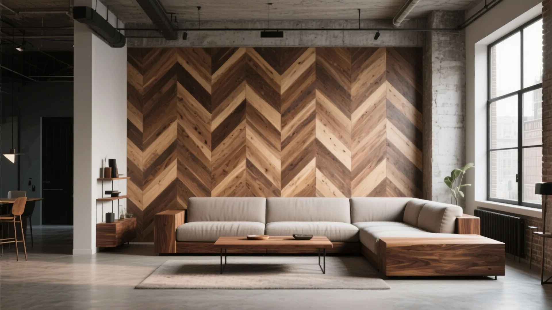 Modern living room featuring a chevron wood wall panel, large grey sofa, and wooden coffee table