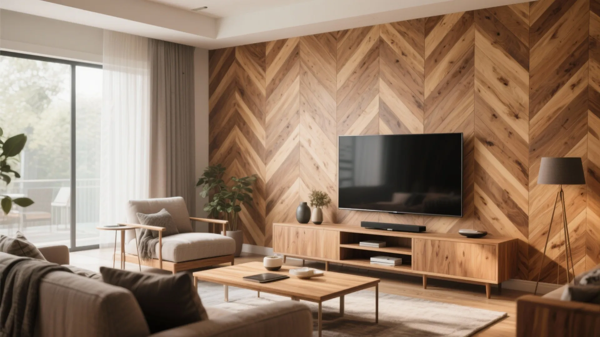 Modern living room featuring chevron pattern wooden wall with television light sofa and coffee table