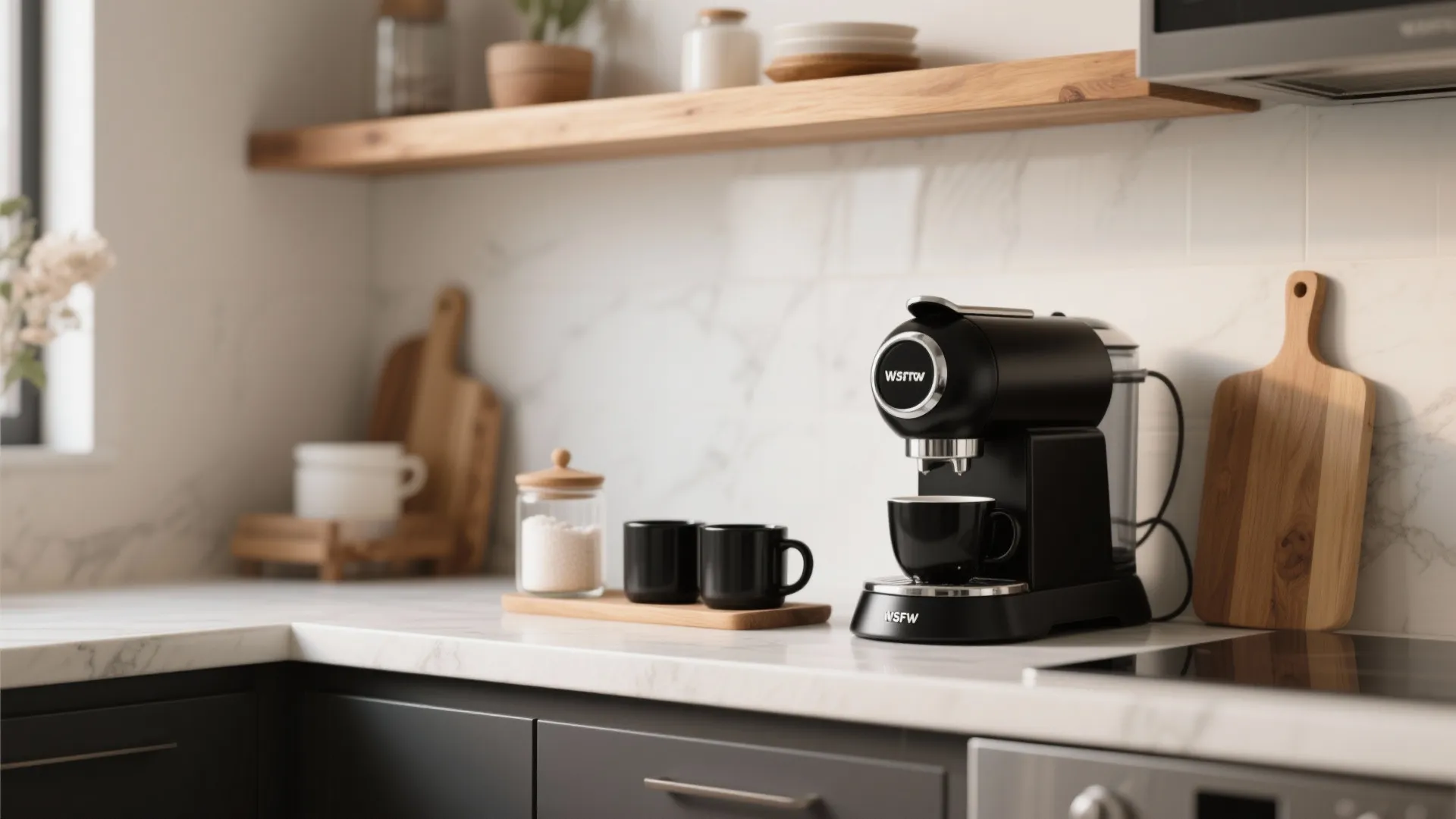 Black coffee machine with cups on a marble countertop next to a wooden cutting board