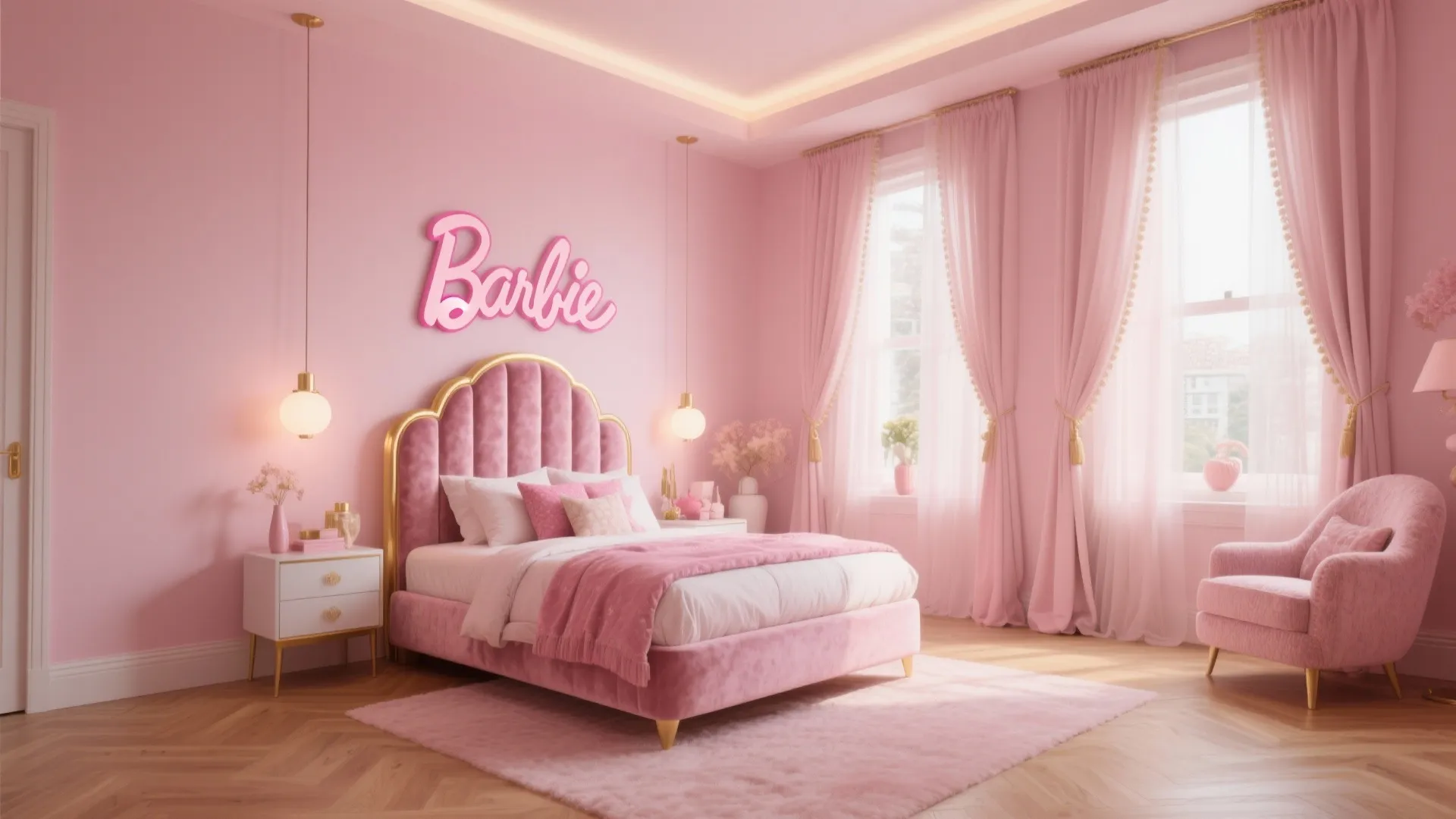Pink bedroom with velvet bed, wall sign, pink curtains, bedside table, gold light and armchair