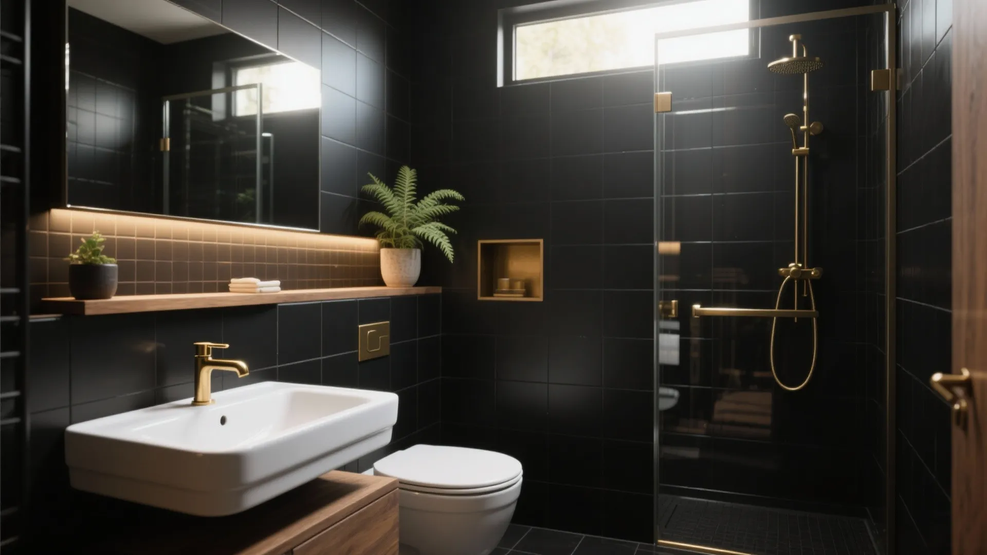 Modern black bathroom with white sink gold faucet glass shower and green potted indoor plant