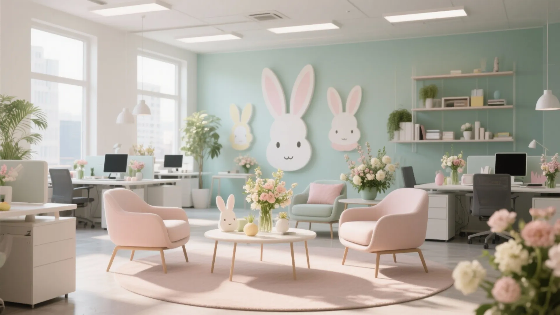 Modern office interior with mint green walls pink chairs bunny wall decorations and flower arrangements