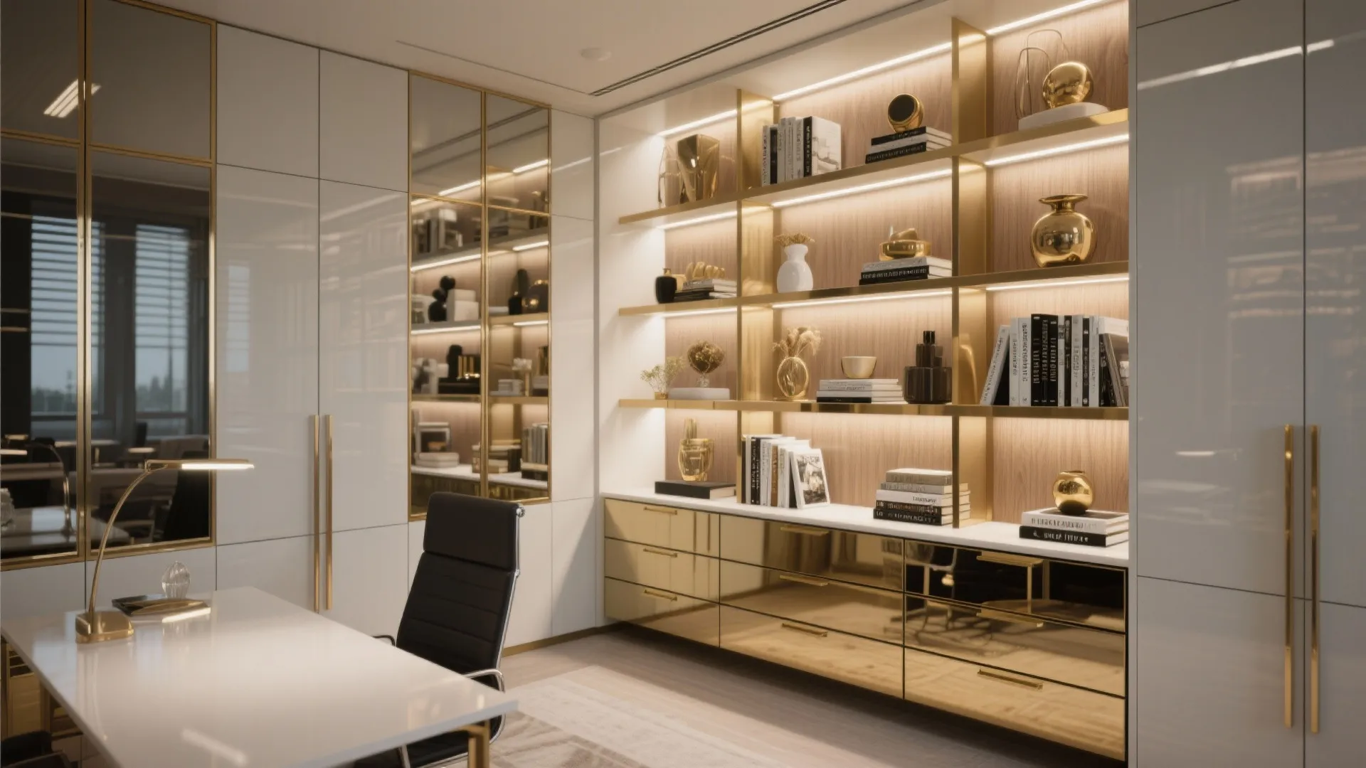Luxury home office design with gold open shelves white desk black chair and wall panel details