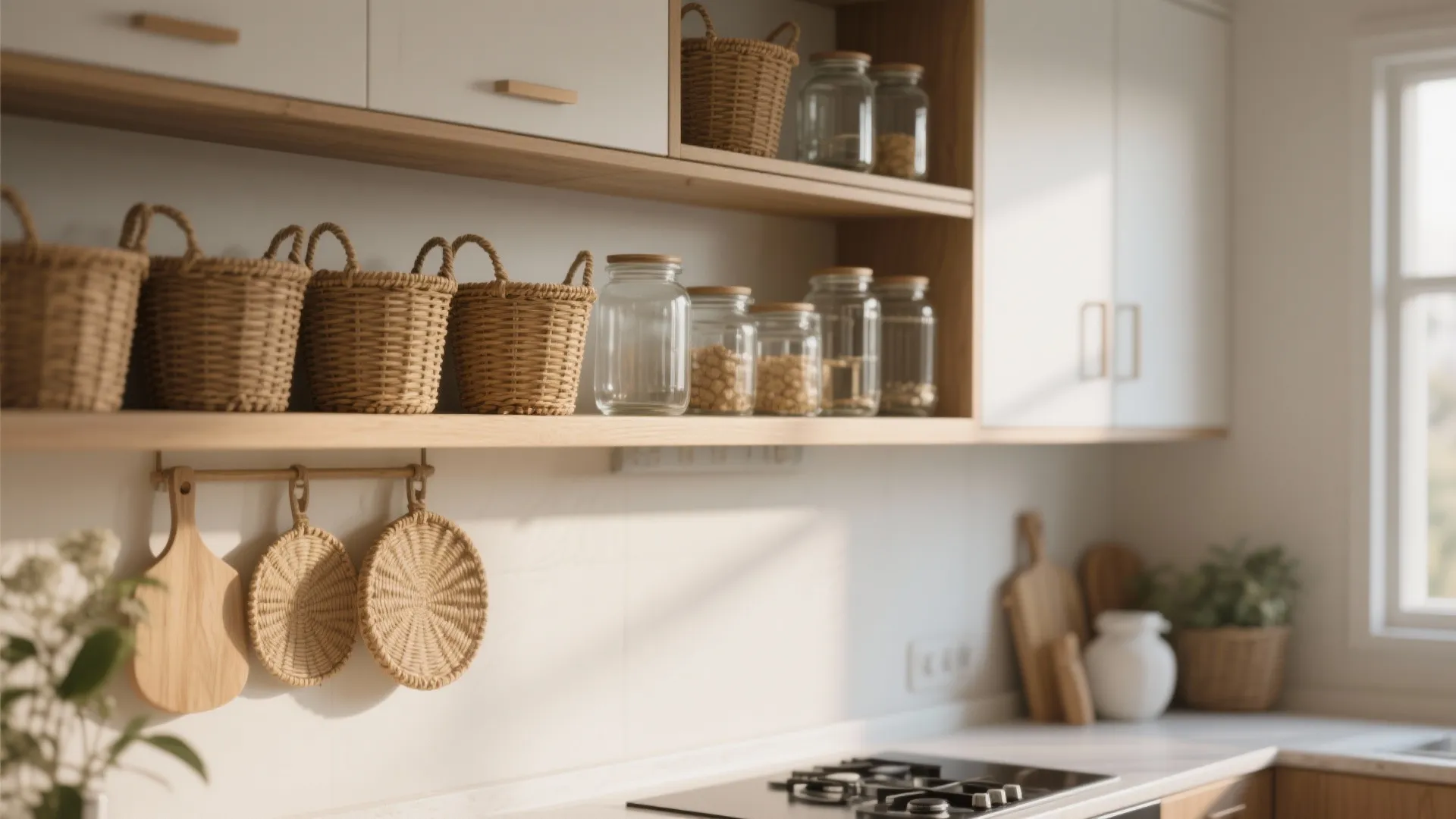 Wooden open shelving in a bright kitchen holding small woven baskets and clear glass jars