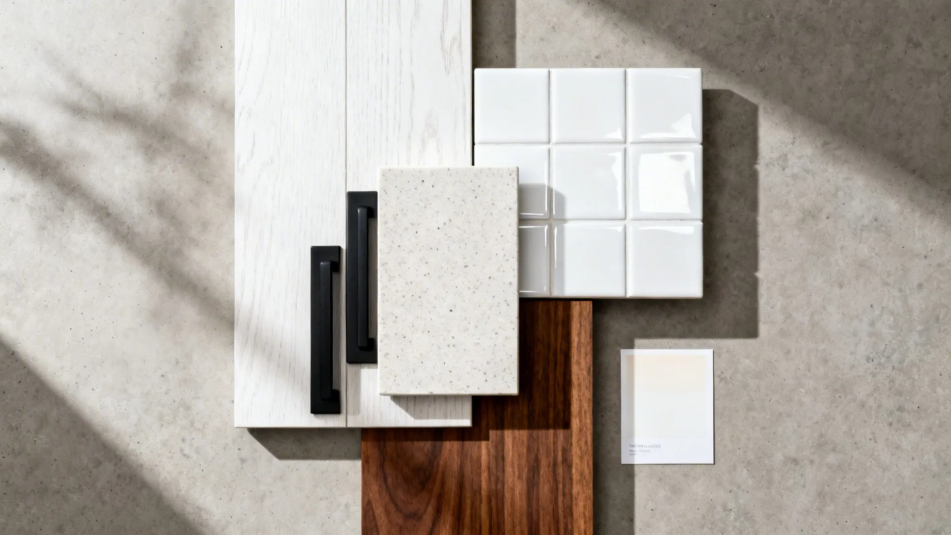 Flat lay of white oak, walnut, matte black hardware, quartz, and glossy tile samples.