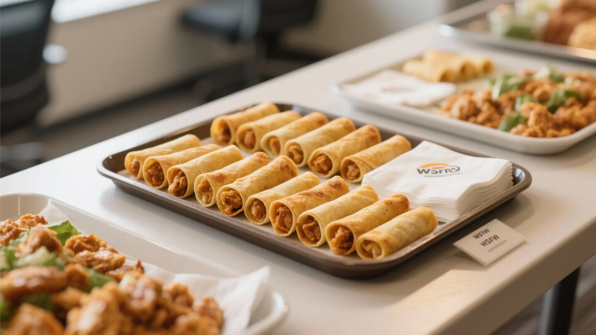 Rows of golden brown chicken taquitos on a brown serving tray with white paper napkins nearby