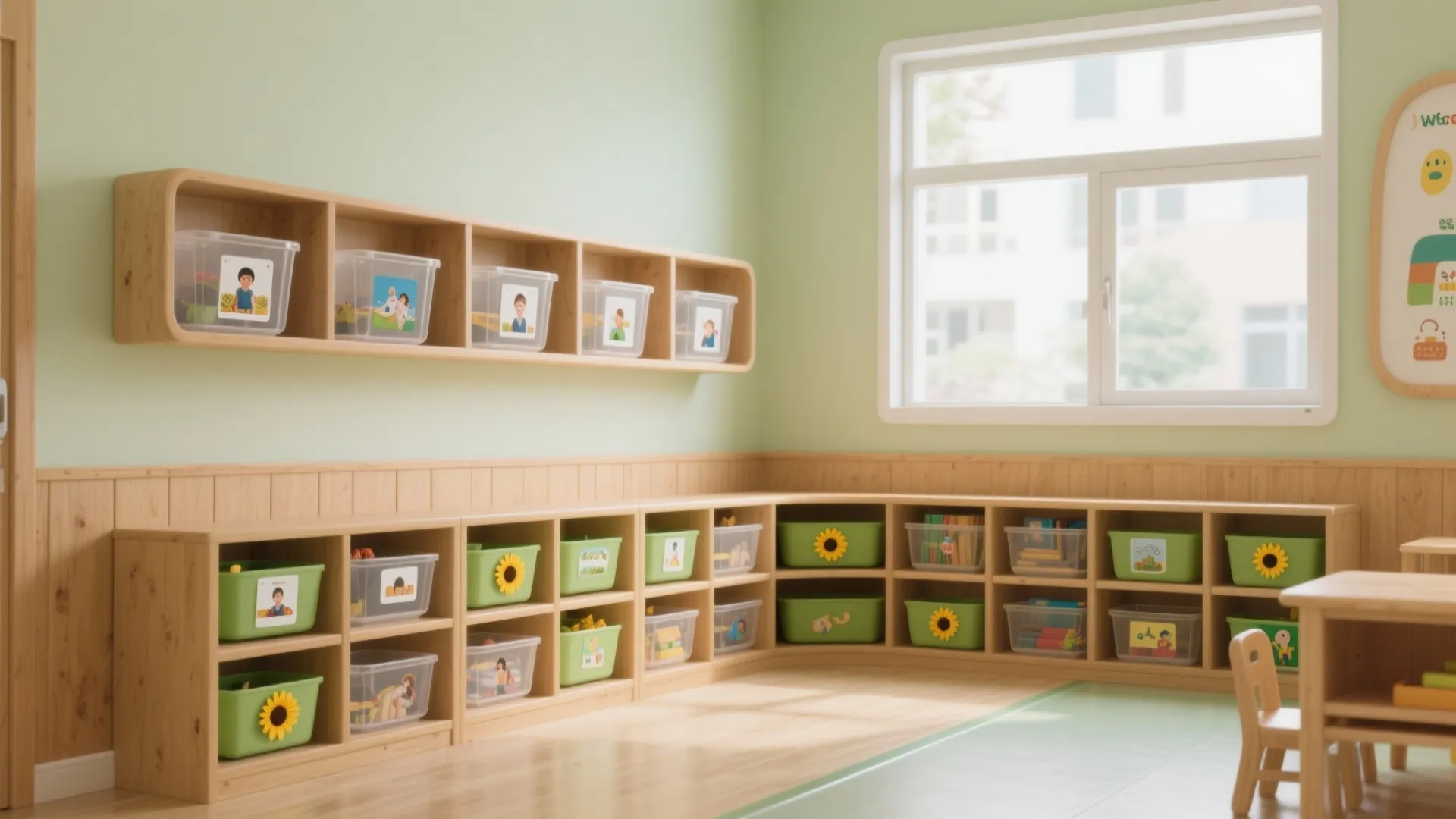 Bright classroom interior with low wooden cabinets containing green and clear storage bins near windows