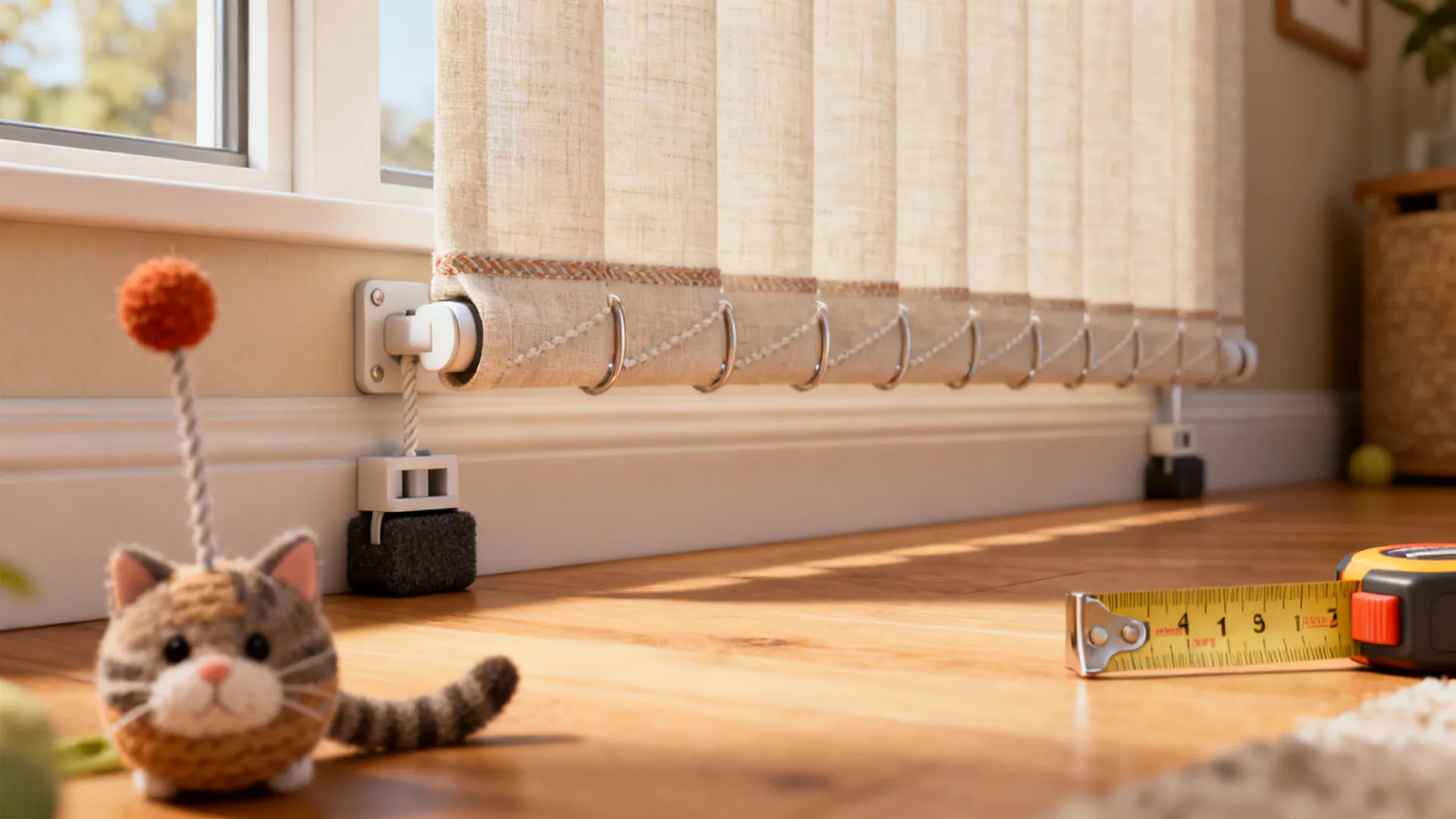 Close-up of cordless and reinforced window-treatment details showing child- and pet-safe features.