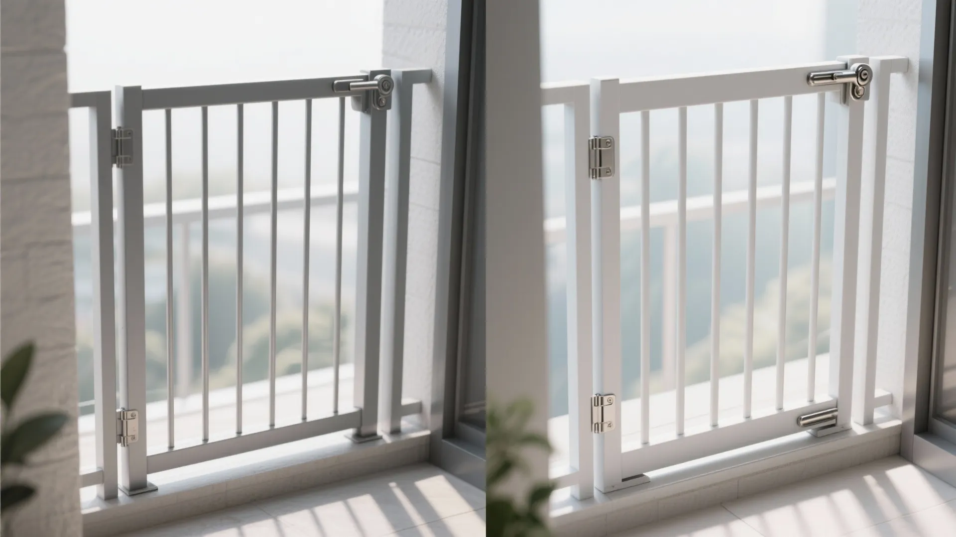 White and grey safety gate comparison showing metal frames and secure locks installed on balcony