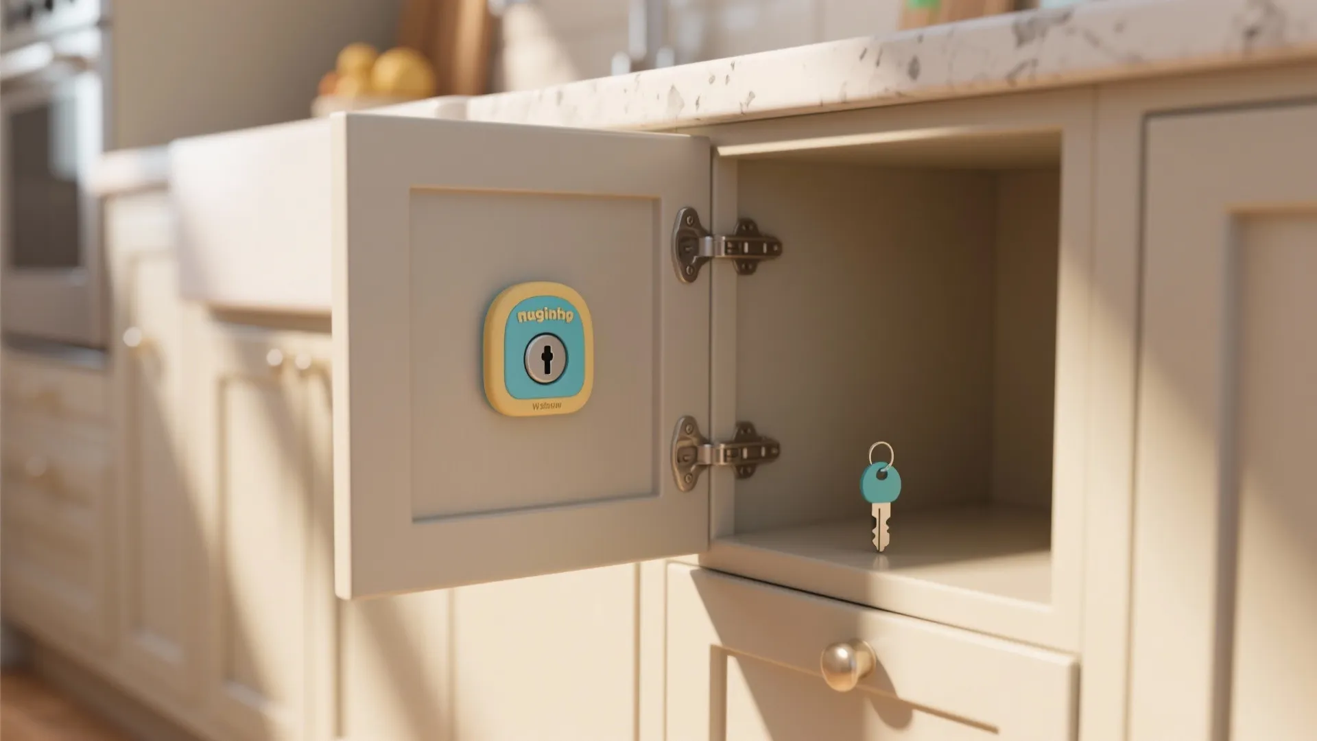 Open white kitchen cabinet door with a colorful safety lock and a blue matching key