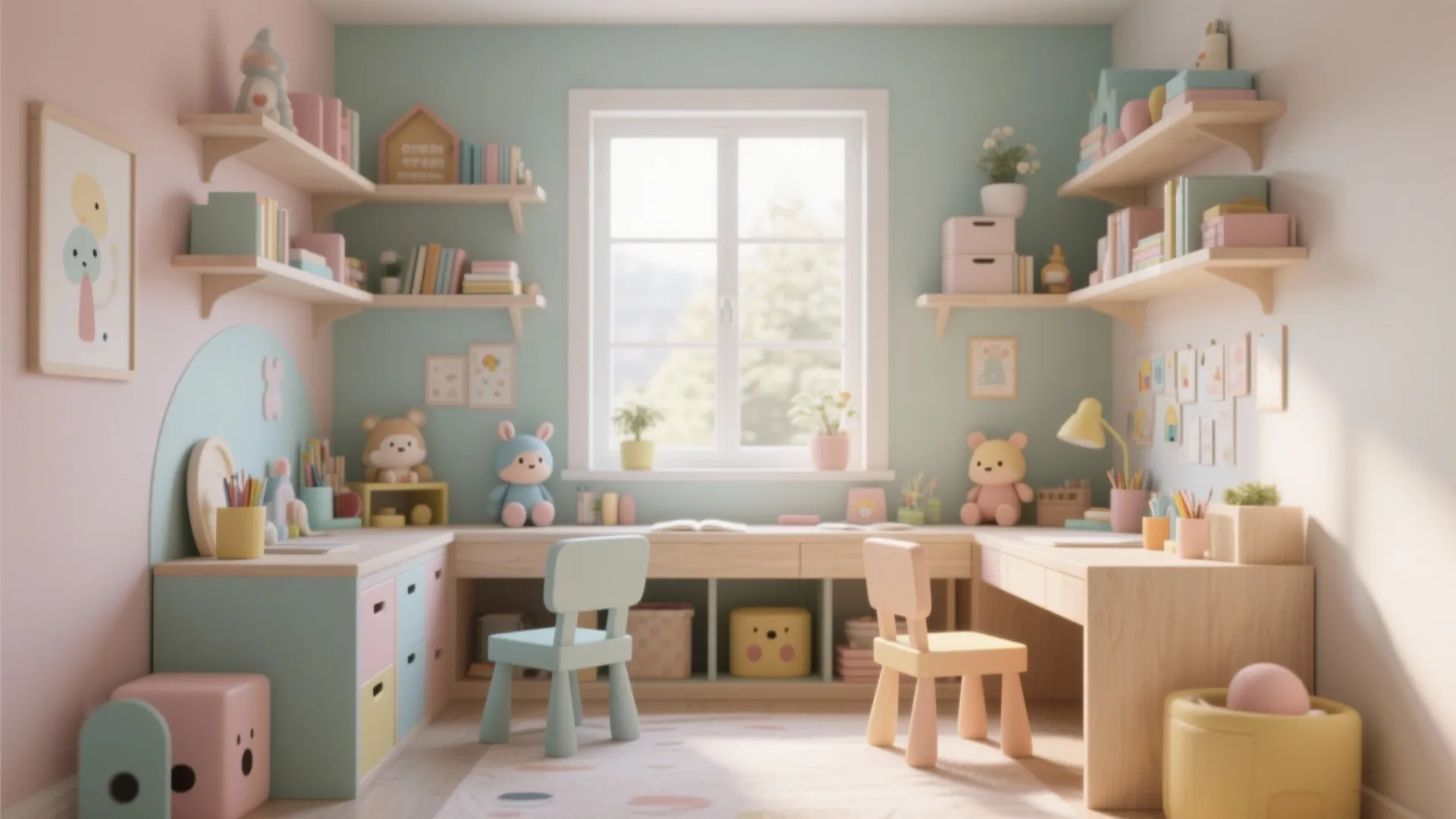 U-shaped wooden study desk for kids with wall shelves colorful storage boxes and natural window