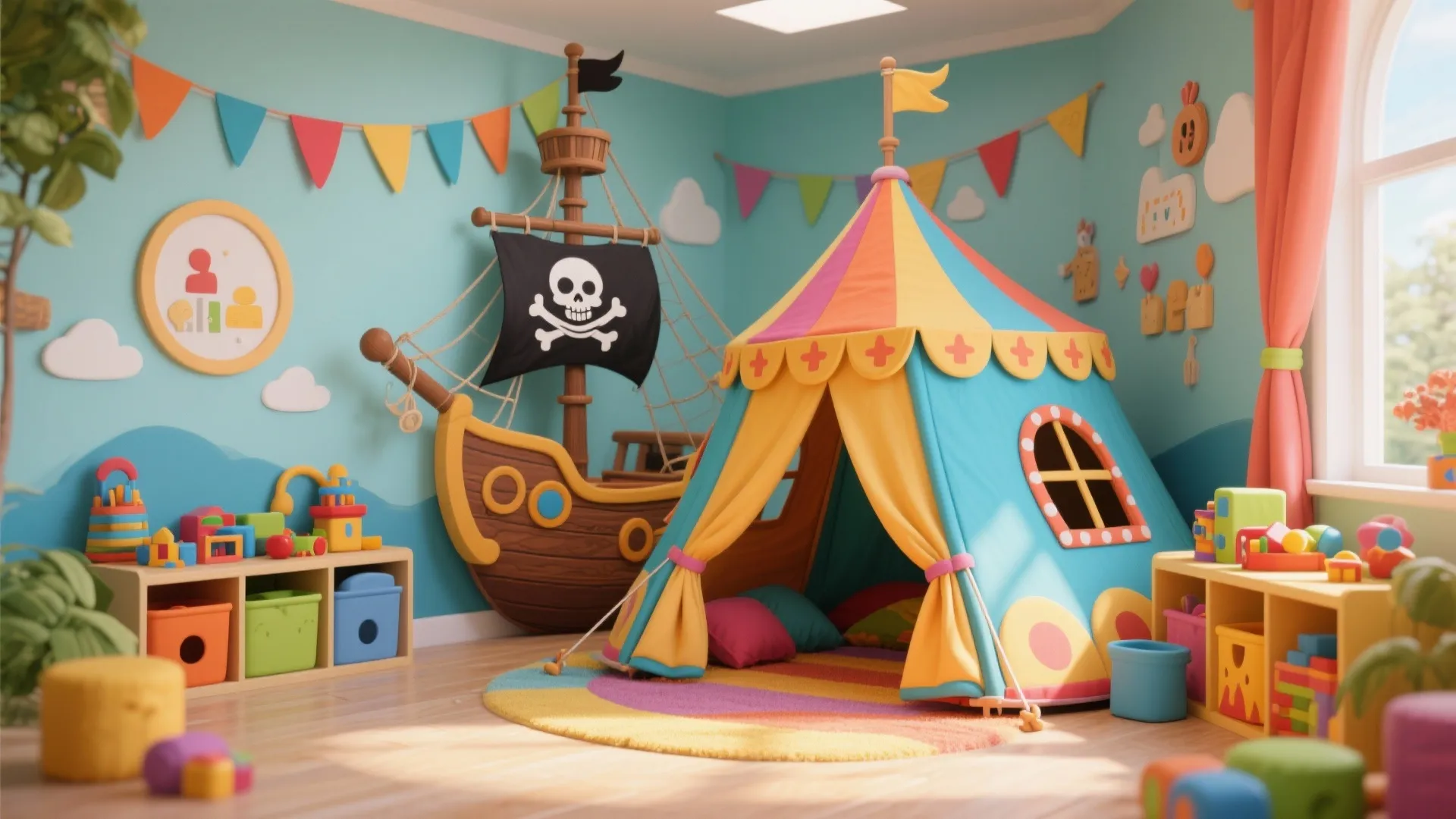 Pirate ship themed indoor tent for children with toy storage