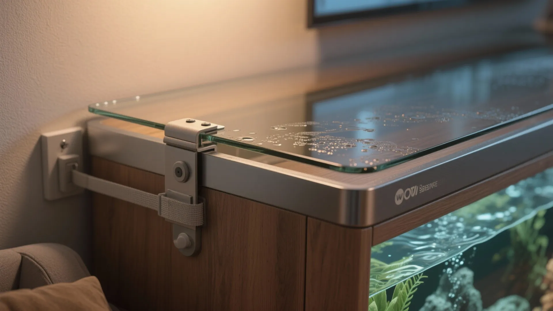 Metal safety clip securing a glass top with water drops on a wooden storage cabinet